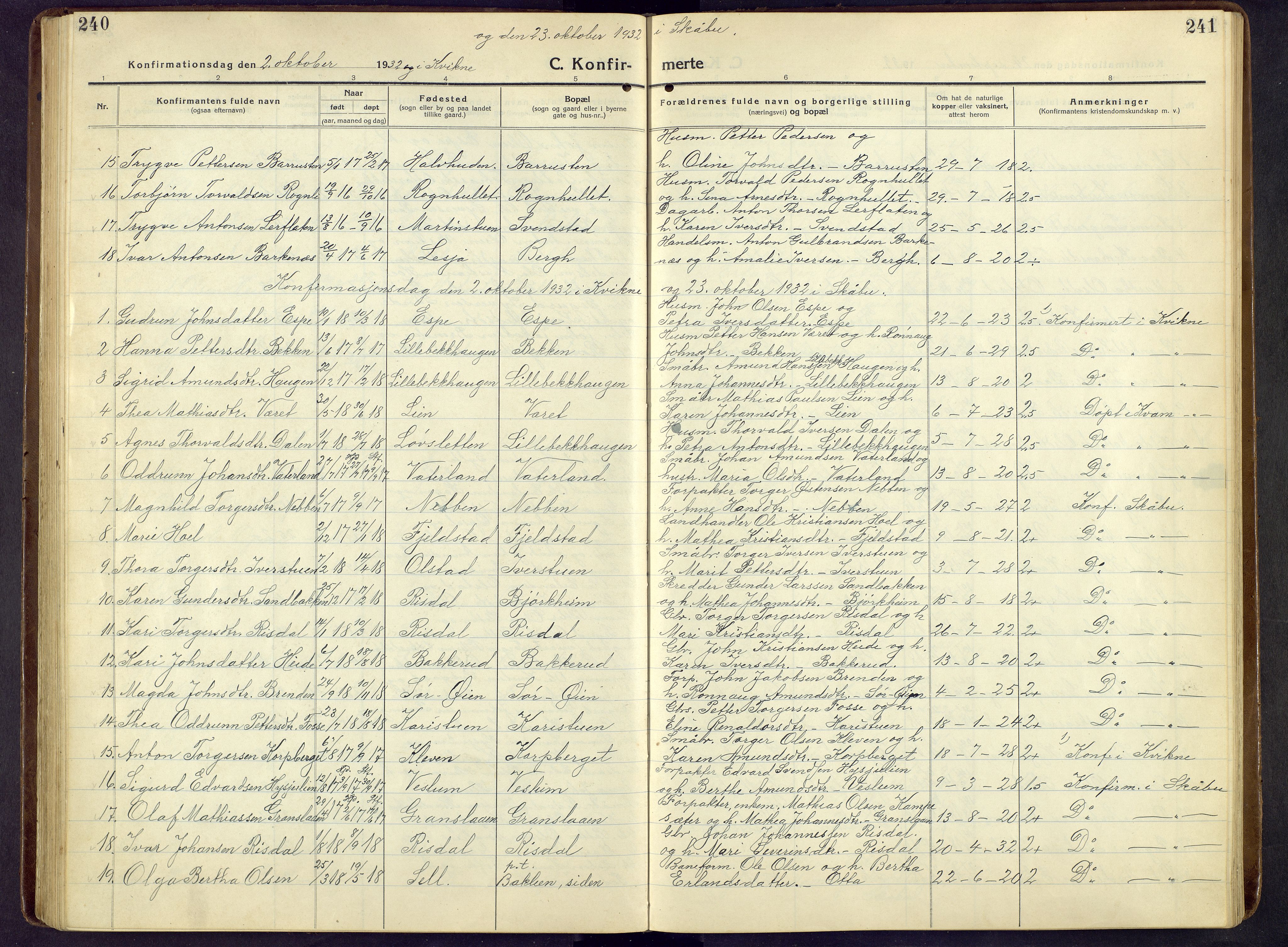 Nord-Fron prestekontor, AV/SAH-PREST-080/H/Ha/Hab/L0009: Klokkerbok nr. 9, 1915-1958, s. 240-241