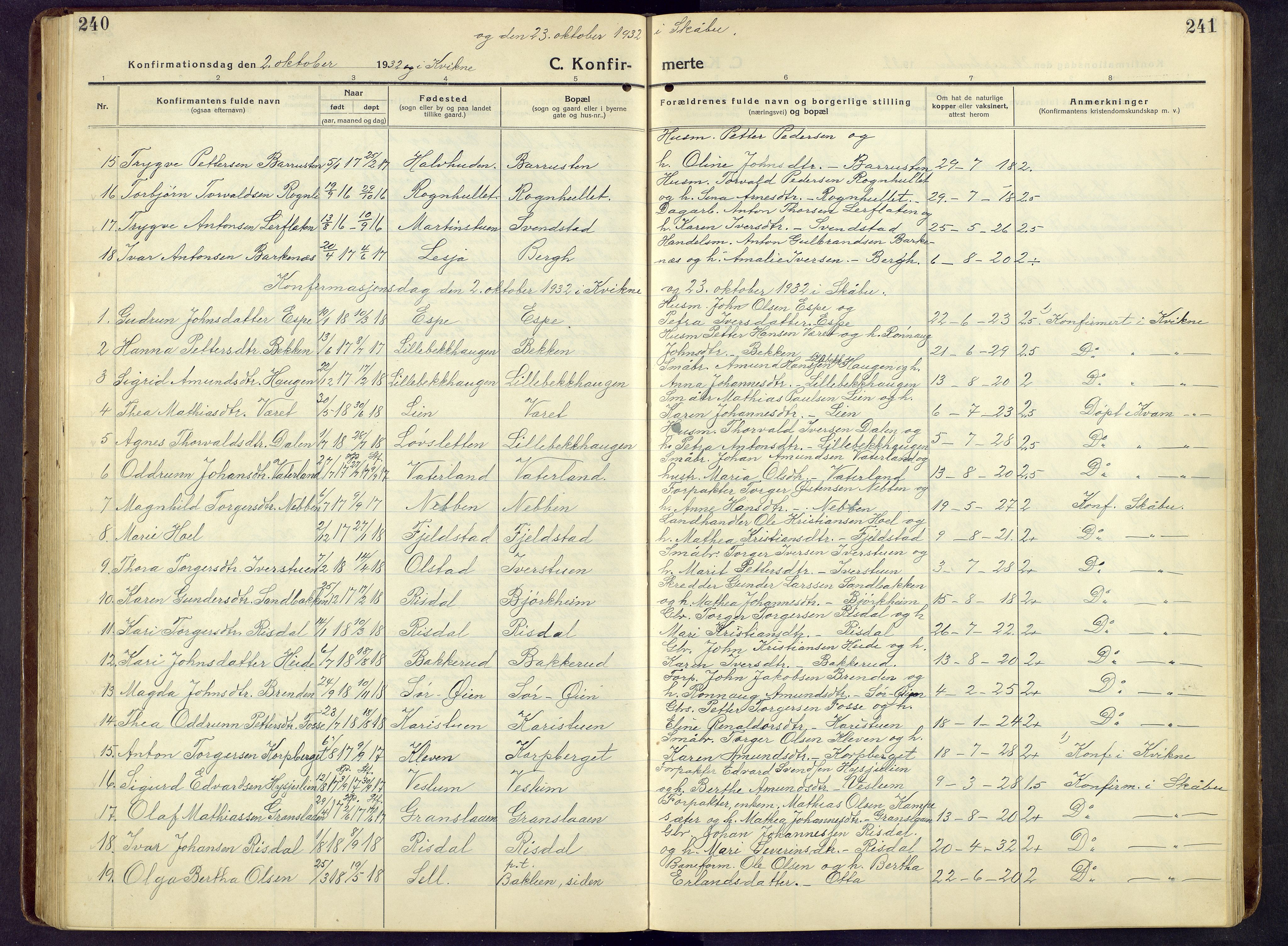 Nord-Fron prestekontor, SAH/PREST-080/H/Ha/Hab/L0009: Klokkerbok nr. 9, 1915-1958, s. 240-241