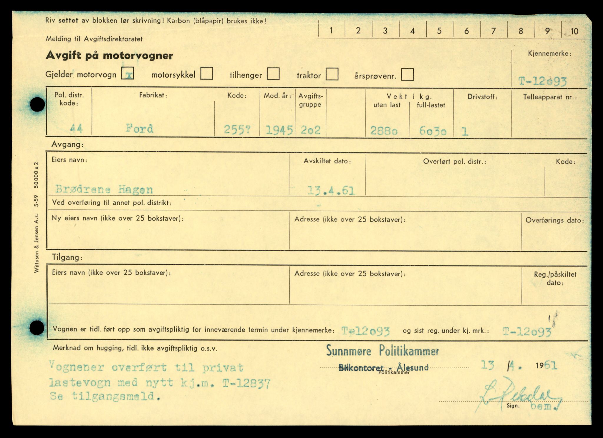 Møre og Romsdal vegkontor - Ålesund trafikkstasjon, AV/SAT-A-4099/F/Fe/L0036: Registreringskort for kjøretøy T 12831 - T 13030, 1927-1998, s. 163