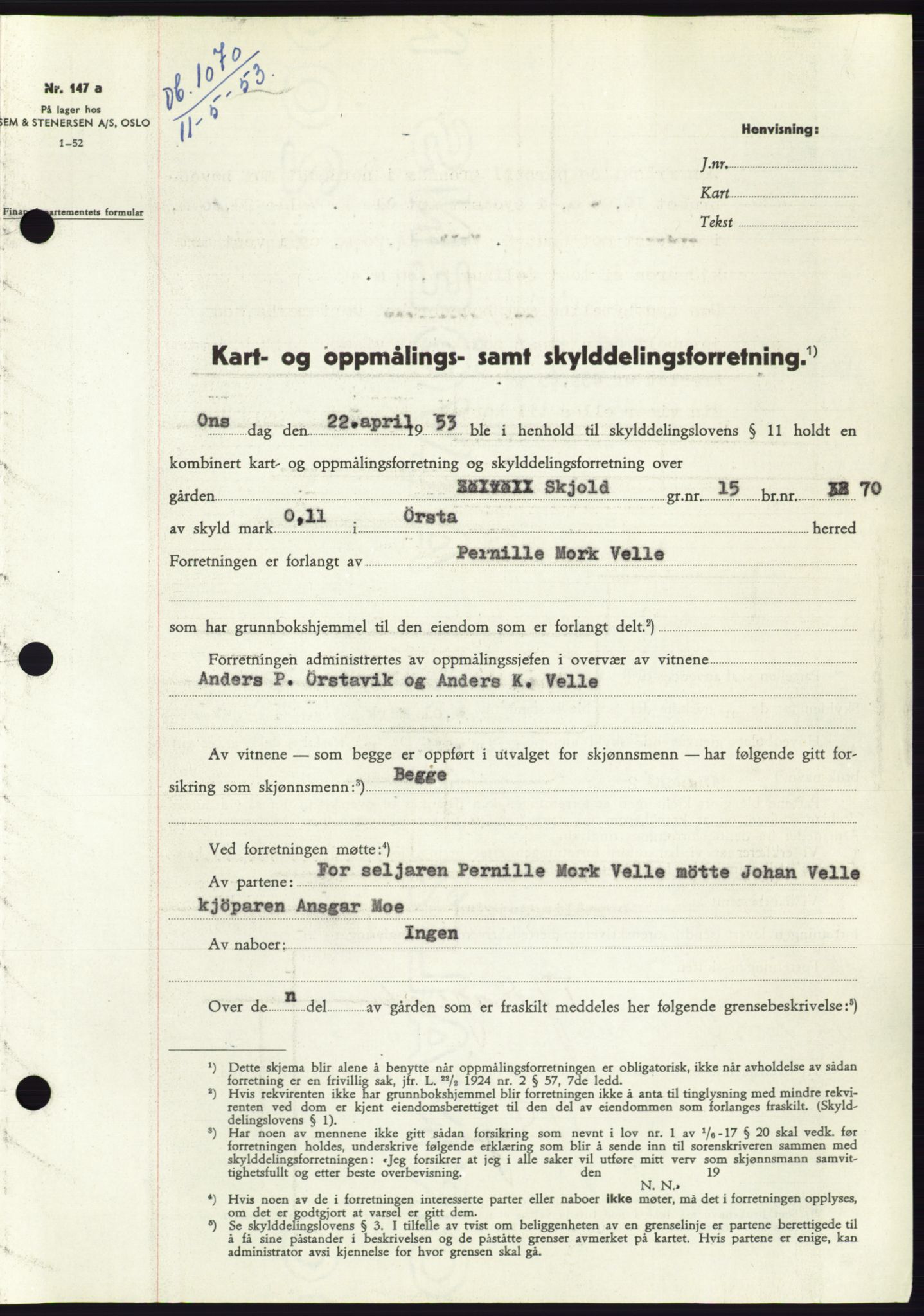 Søre Sunnmøre sorenskriveri, SAT/A-4122/1/2/2C/L0094: Pantebok nr. 20A, 1953-1953, Dagboknr: 1070/1953