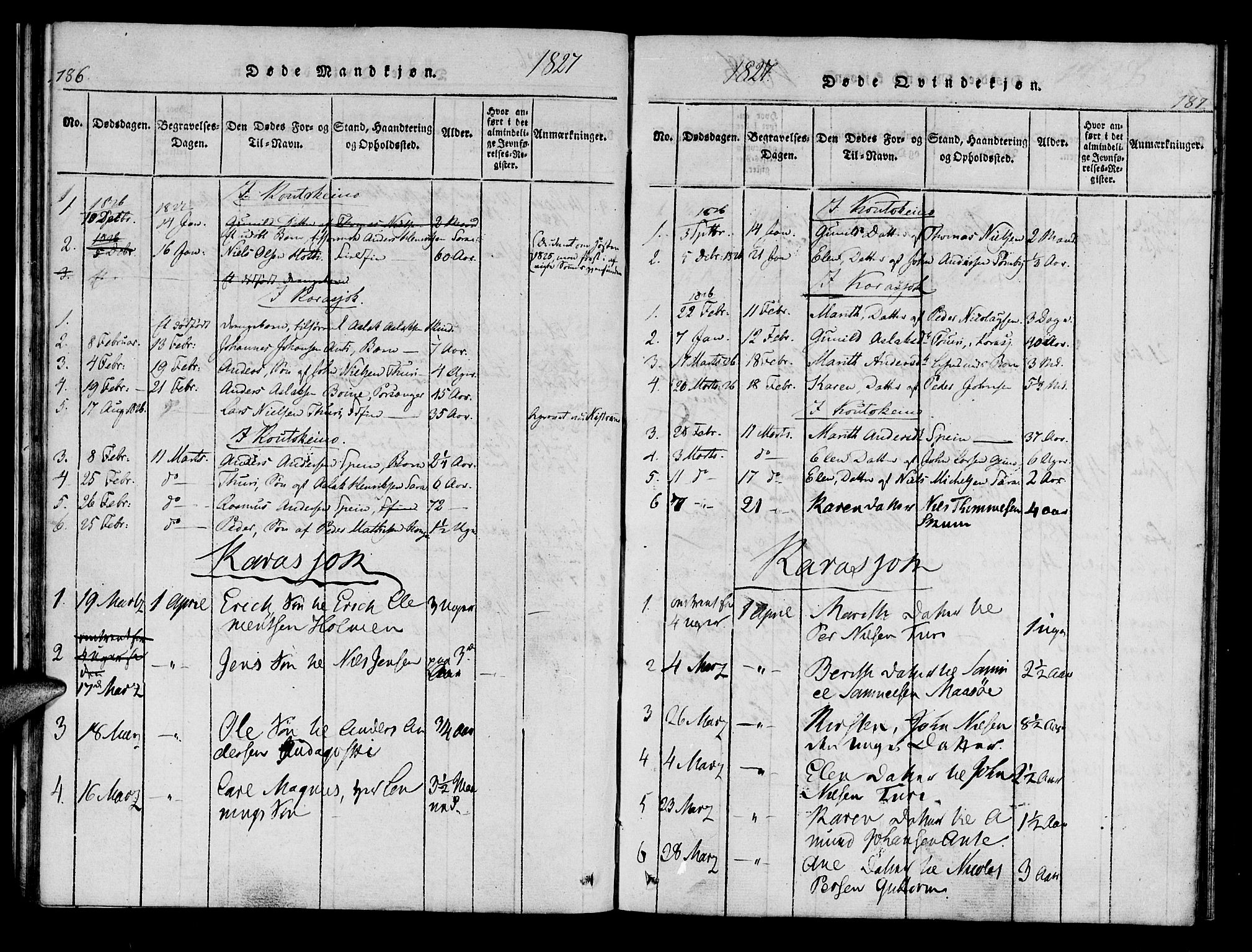 Kistrand/Porsanger sokneprestembete, AV/SATØ-S-1351/H/Hb/L0001.klokk: Klokkerbok nr. 1, 1821-1829, s. 186-187
