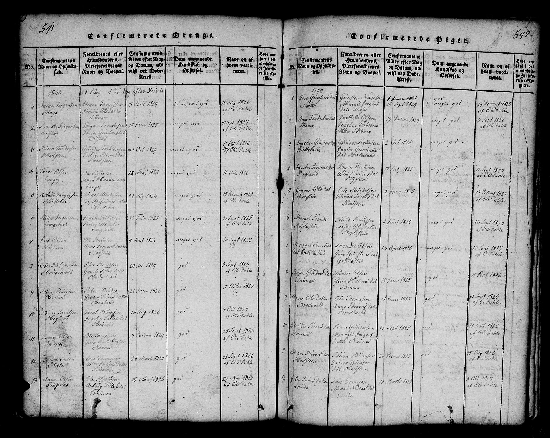 Bygland sokneprestkontor, AV/SAK-1111-0006/F/Fb/Fbb/L0001: Klokkerbok nr. B 1, 1816-1843, s. 541-542