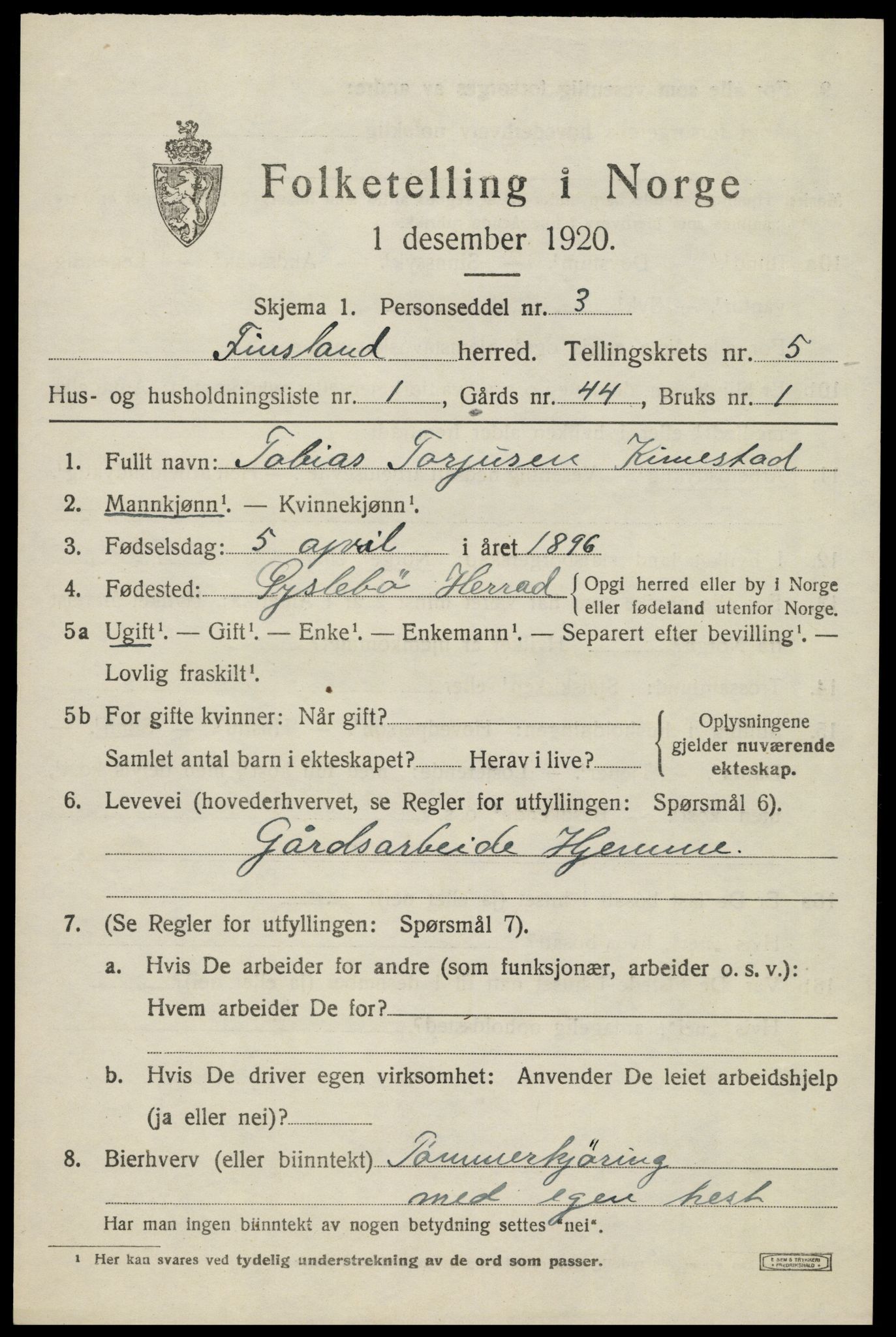 SAK, Folketelling 1920 for 1023 Finsland herred, 1920, s. 1818