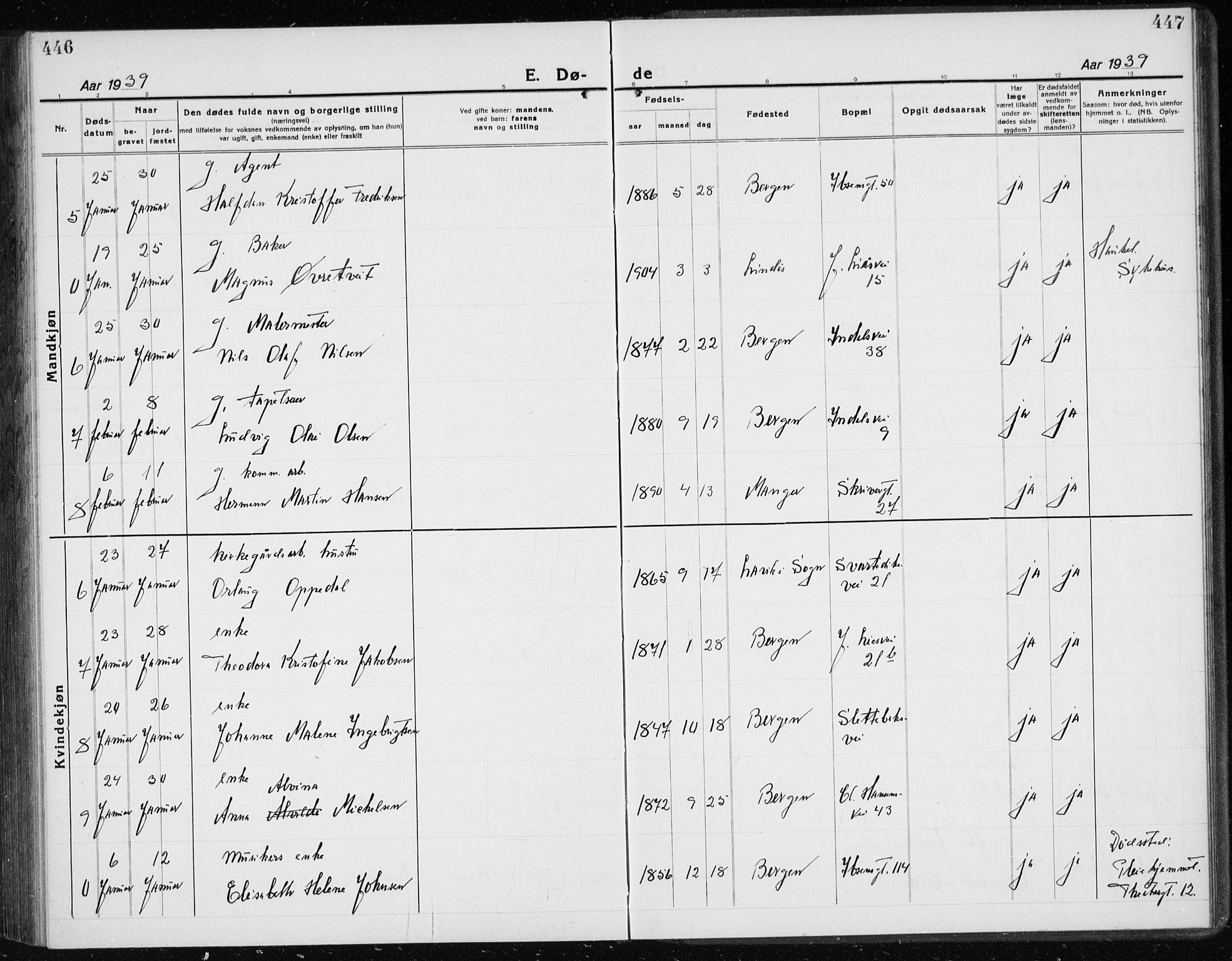 Årstad Sokneprestembete, SAB/A-79301/H/Hab/L0025: Klokkerbok nr. D 2, 1922-1940, s. 446-447