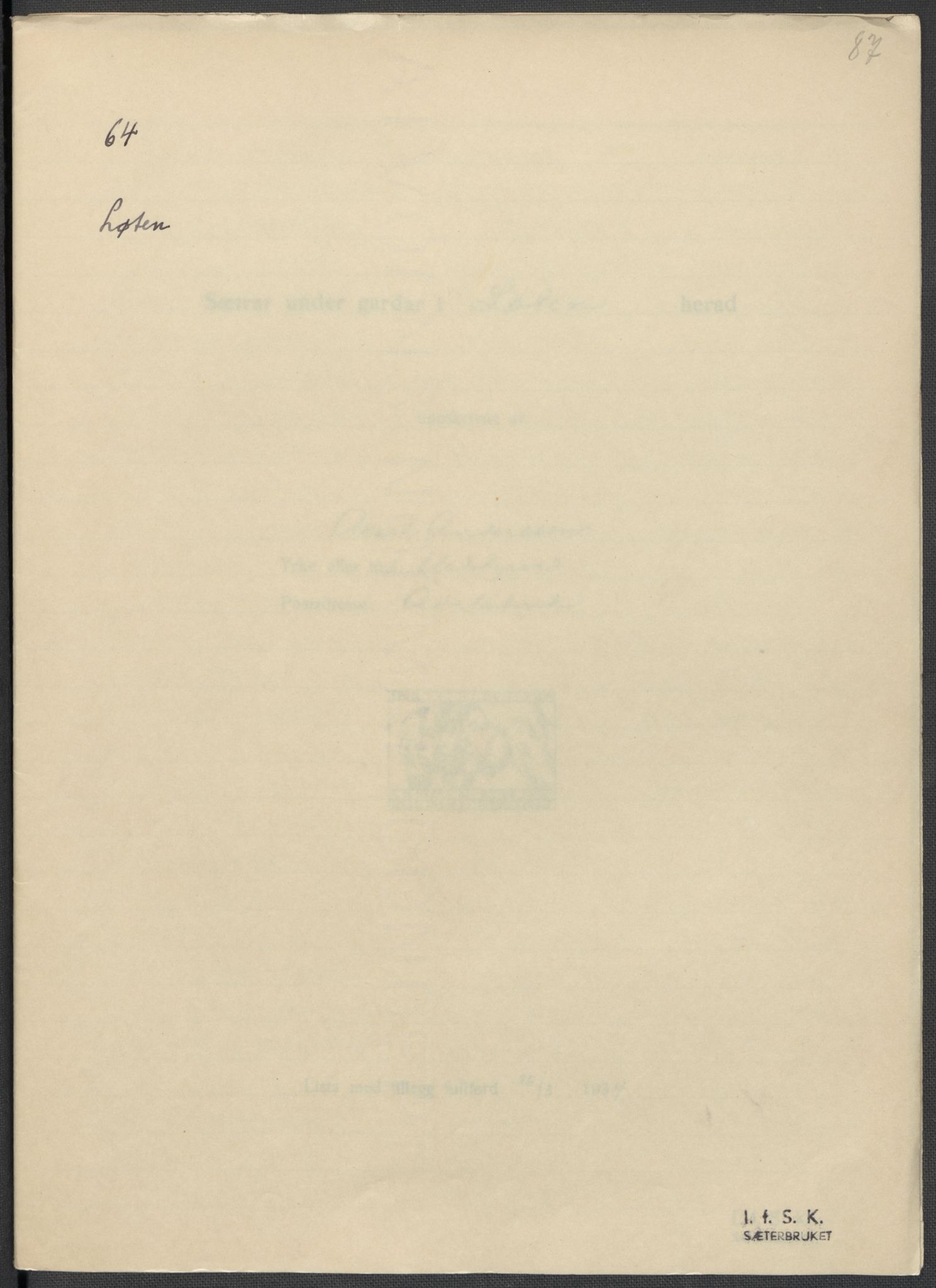 Instituttet for sammenlignende kulturforskning, AV/RA-PA-0424/F/Fc/L0002/0003: Eske B2: / Hedmark (perm III), 1934-1936, s. 87