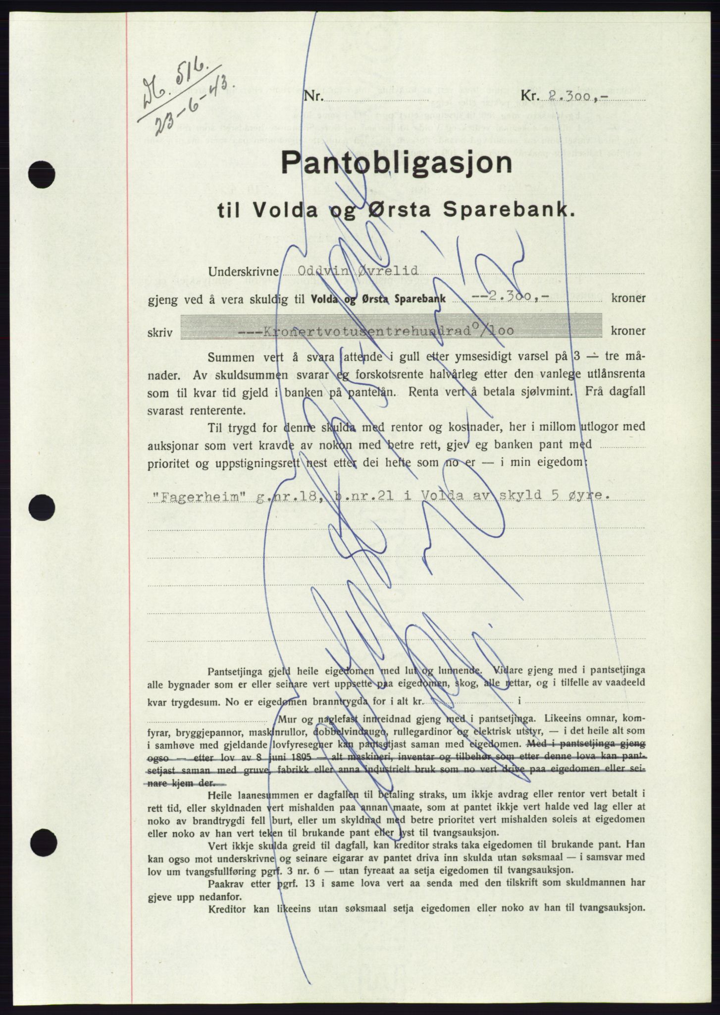 Søre Sunnmøre sorenskriveri, AV/SAT-A-4122/1/2/2C/L0114: Pantebok nr. 1-2B, 1943-1947, Dagboknr: 516/1943