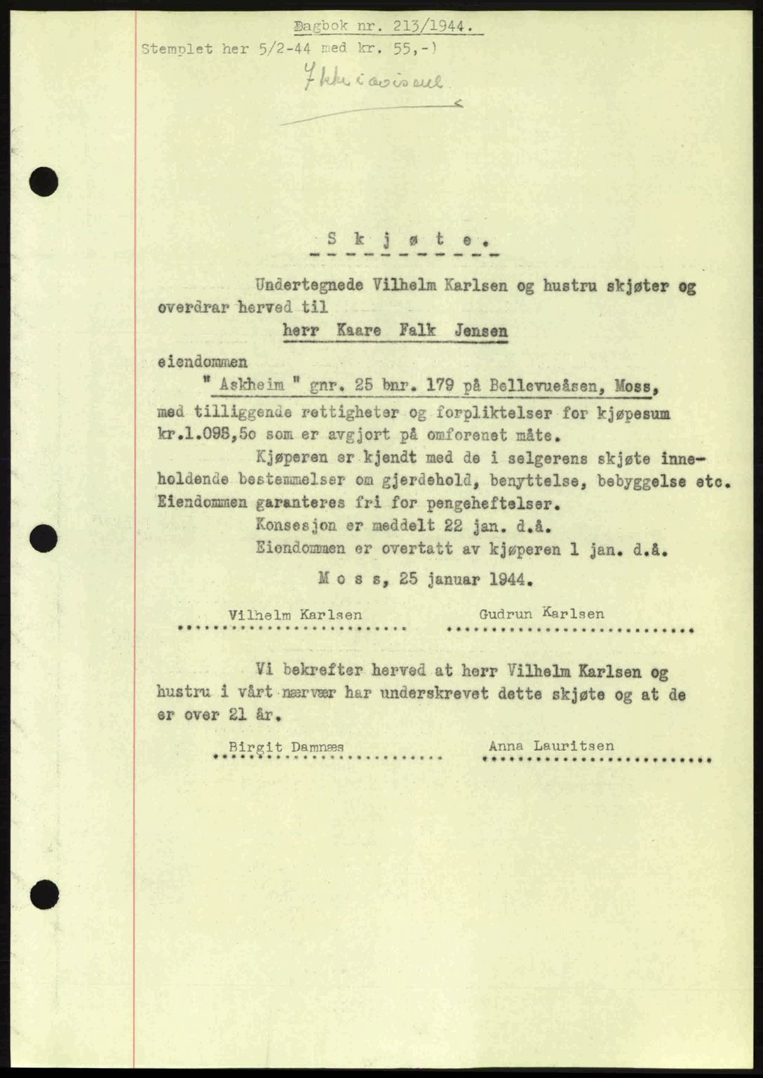 Moss sorenskriveri, SAO/A-10168: Pantebok nr. A12, 1943-1944, Dagboknr: 213/1944