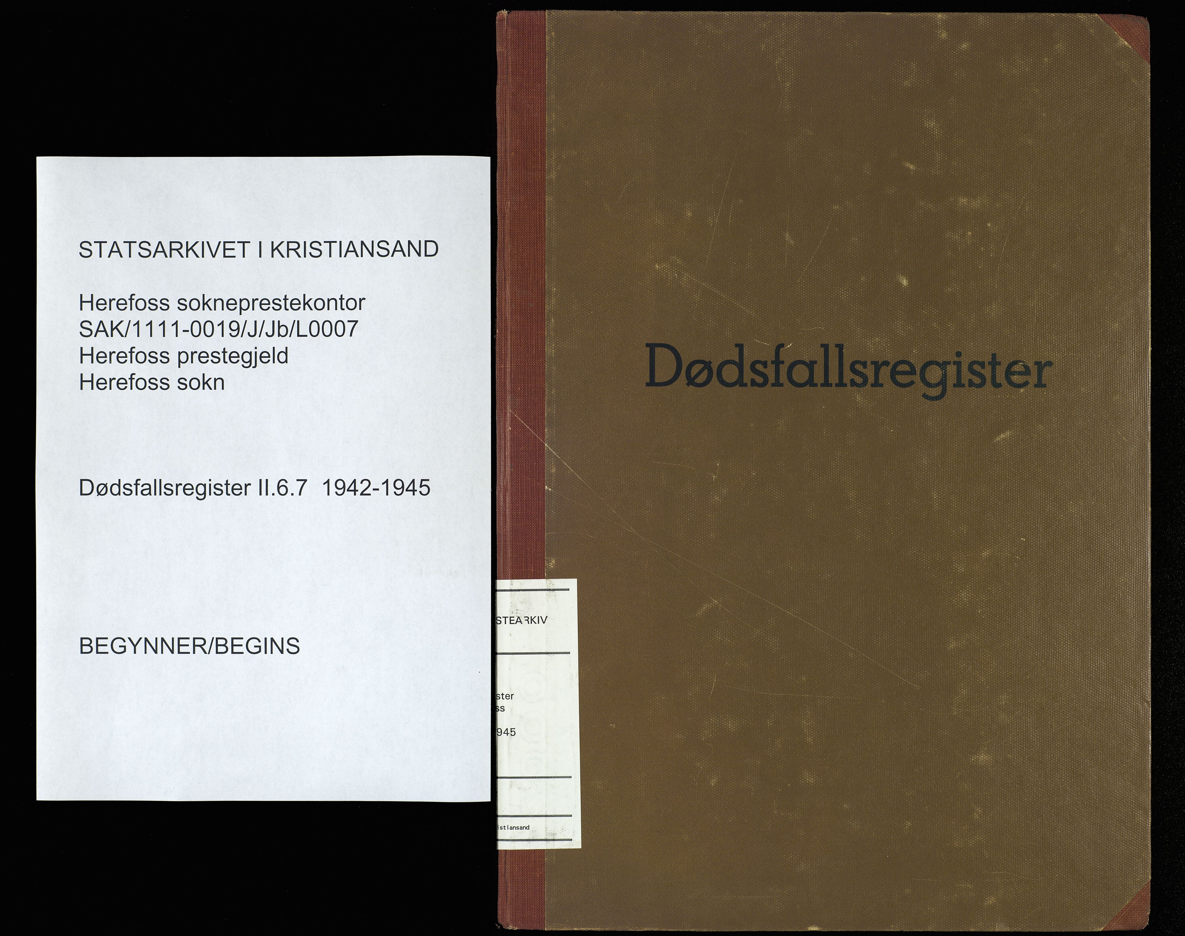 Herefoss sokneprestkontor, SAK/1111-0019/J/Jb/L0007: II.6.7 - Dødsfallsregister Herefoss, 1942-1945