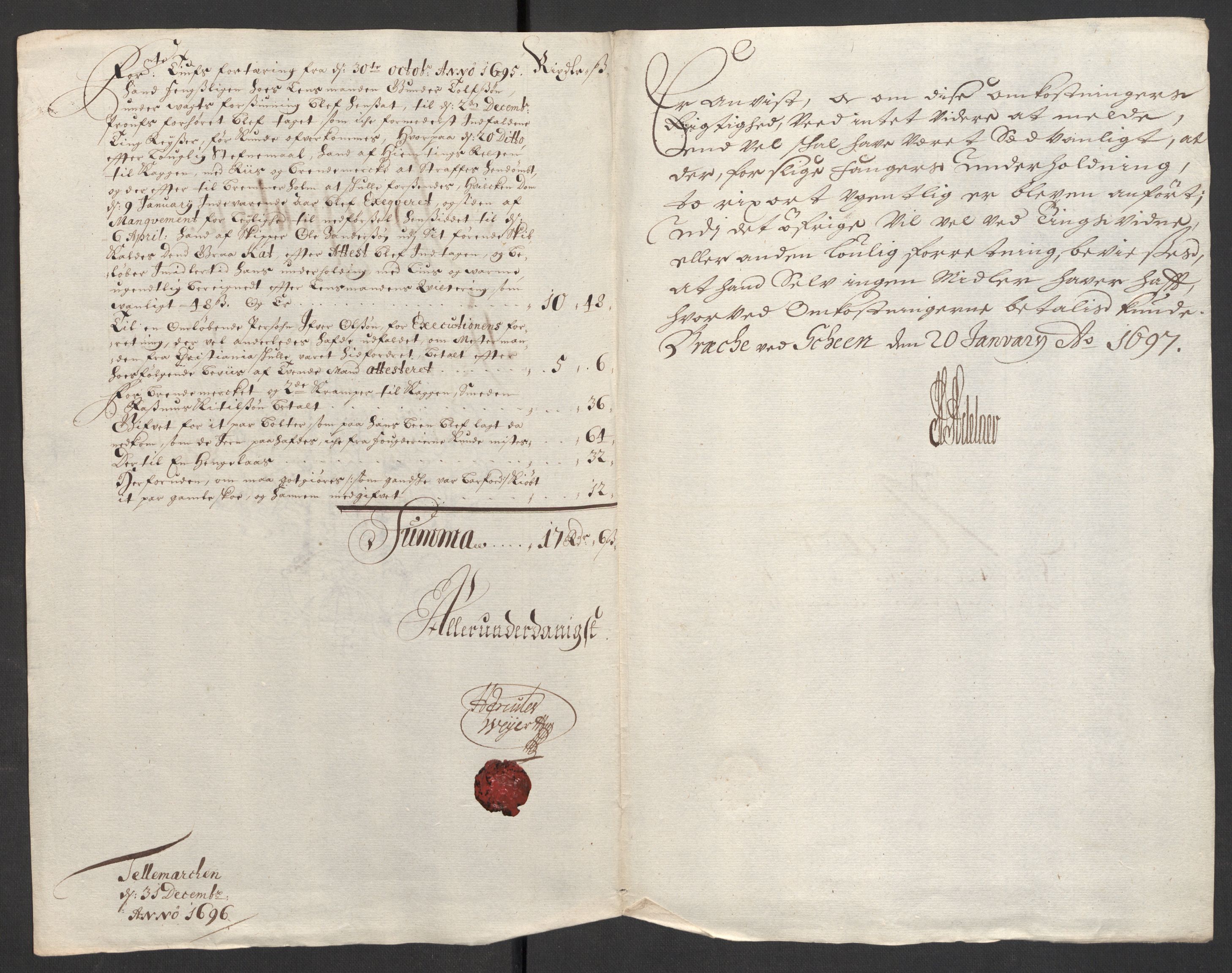 Rentekammeret inntil 1814, Reviderte regnskaper, Fogderegnskap, RA/EA-4092/R36/L2095: Fogderegnskap Øvre og Nedre Telemark og Bamble, 1696, s. 186