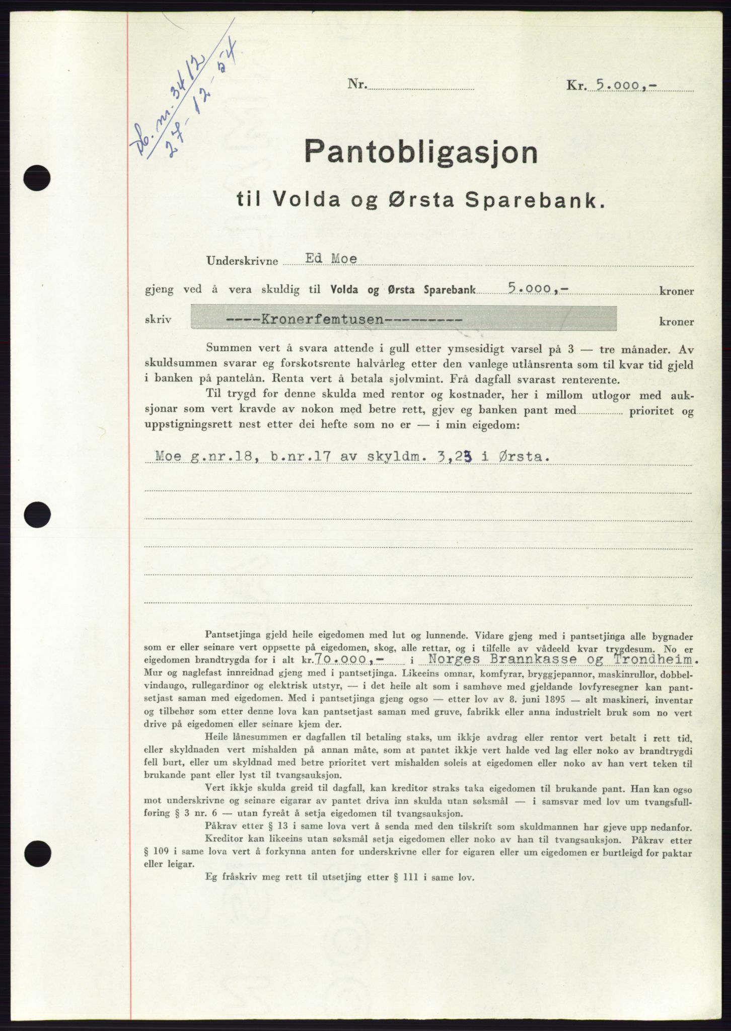 Søre Sunnmøre sorenskriveri, AV/SAT-A-4122/1/2/2C/L0126: Pantebok nr. 14B, 1954-1955, Dagboknr: 3412/1954