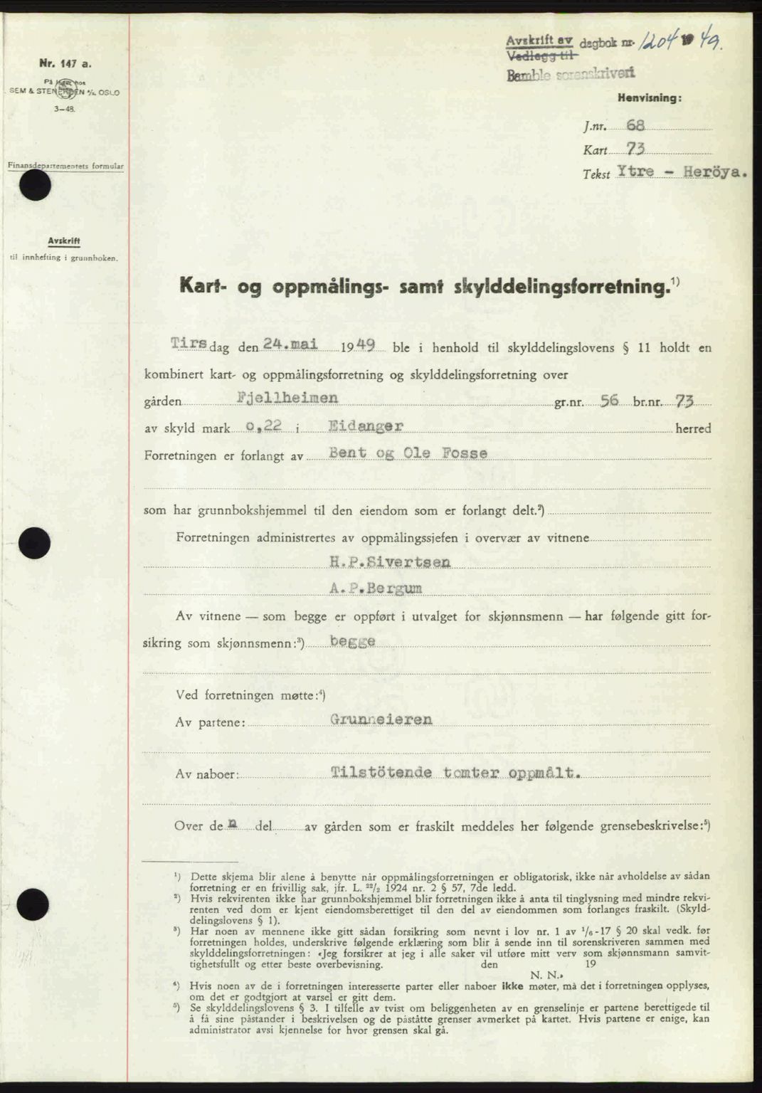 Bamble sorenskriveri, SAKO/A-214/G/Ga/Gag/L0015: Pantebok nr. A-15, 1949-1949, Dagboknr: 1204/1949