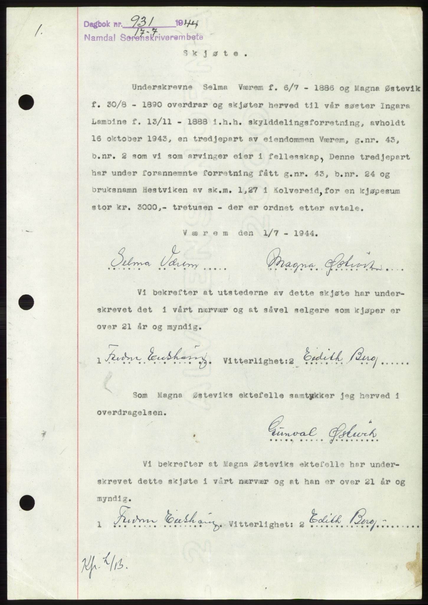 Namdal sorenskriveri, SAT/A-4133/1/2/2C: Pantebok nr. -, 1944-1945, Dagboknr: 931/1944