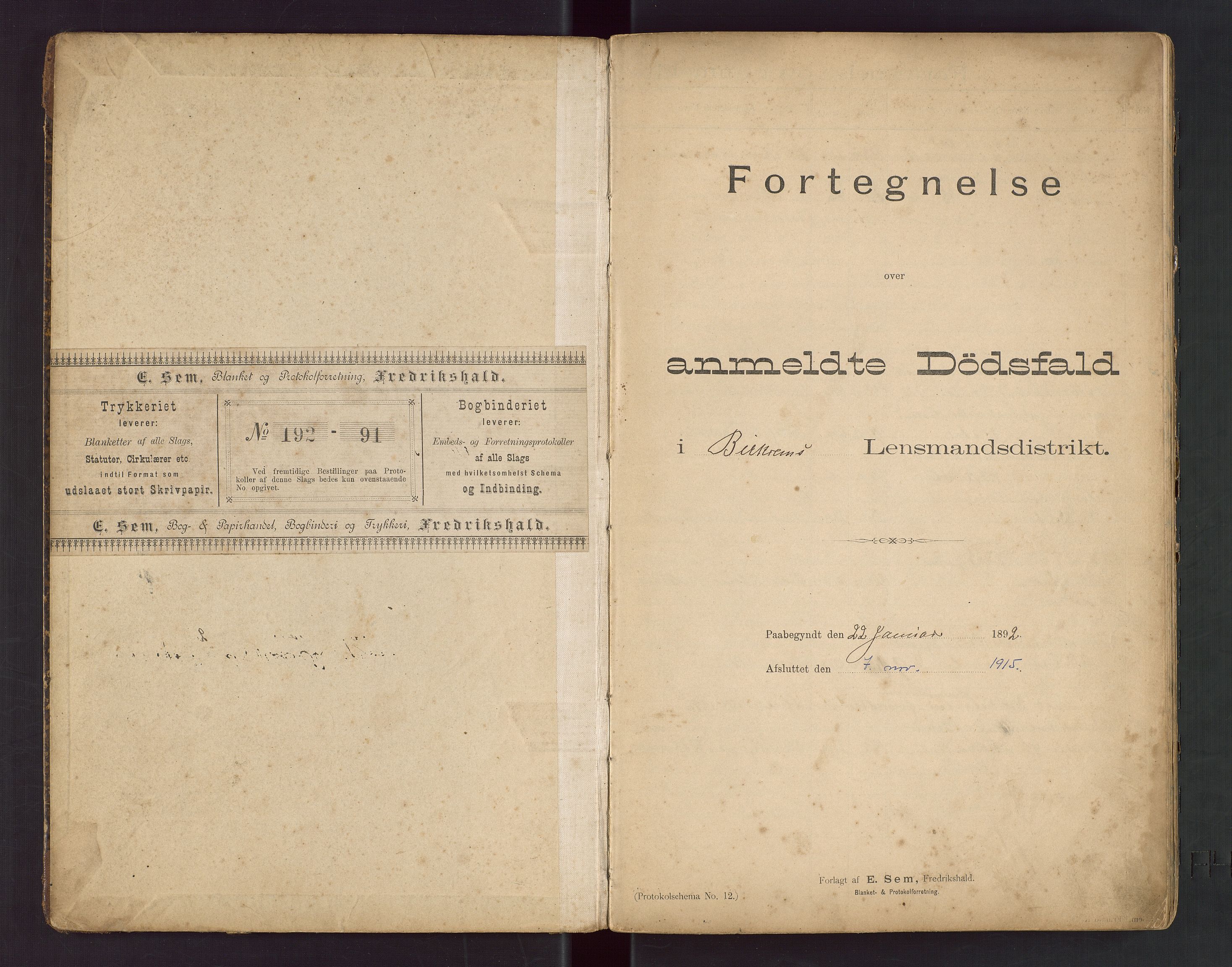 Bjerkreim lensmannskontor, AV/SAST-A-100090/Gga/L0001: "Fortegnelse over anmeldte Dødsfald i Birkrems Lendsmandsdistrikt", 1892-1915