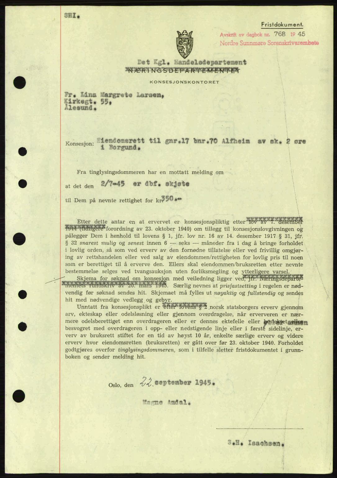 Nordre Sunnmøre sorenskriveri, SAT/A-0006/1/2/2C/2Ca: Pantebok nr. B6-14 a, 1942-1945, Dagboknr: 768/1945