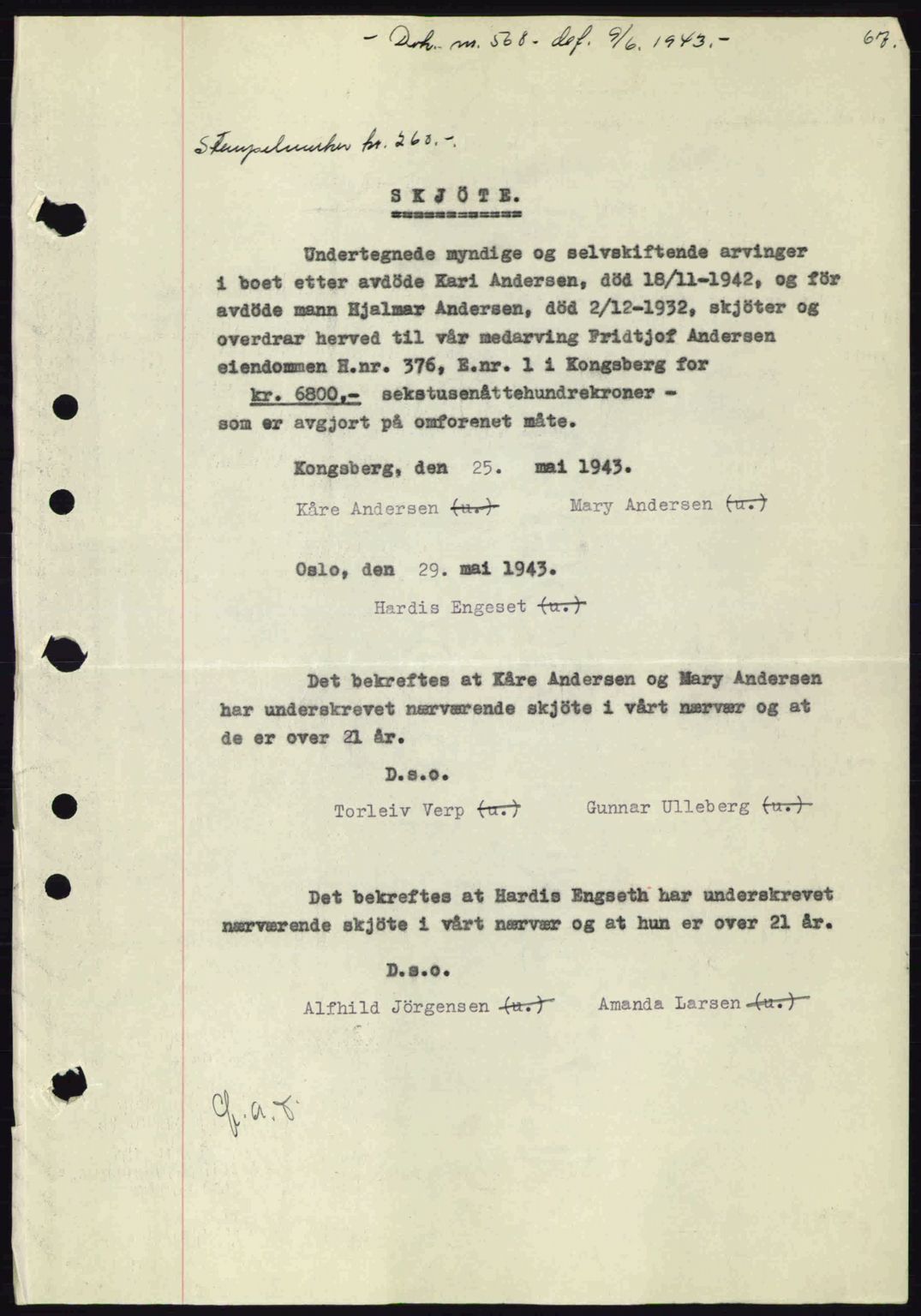 Numedal og Sandsvær sorenskriveri, SAKO/A-128/G/Ga/Gaa/L0055: Pantebok nr. A7, 1943-1944, Dagboknr: 568/1943