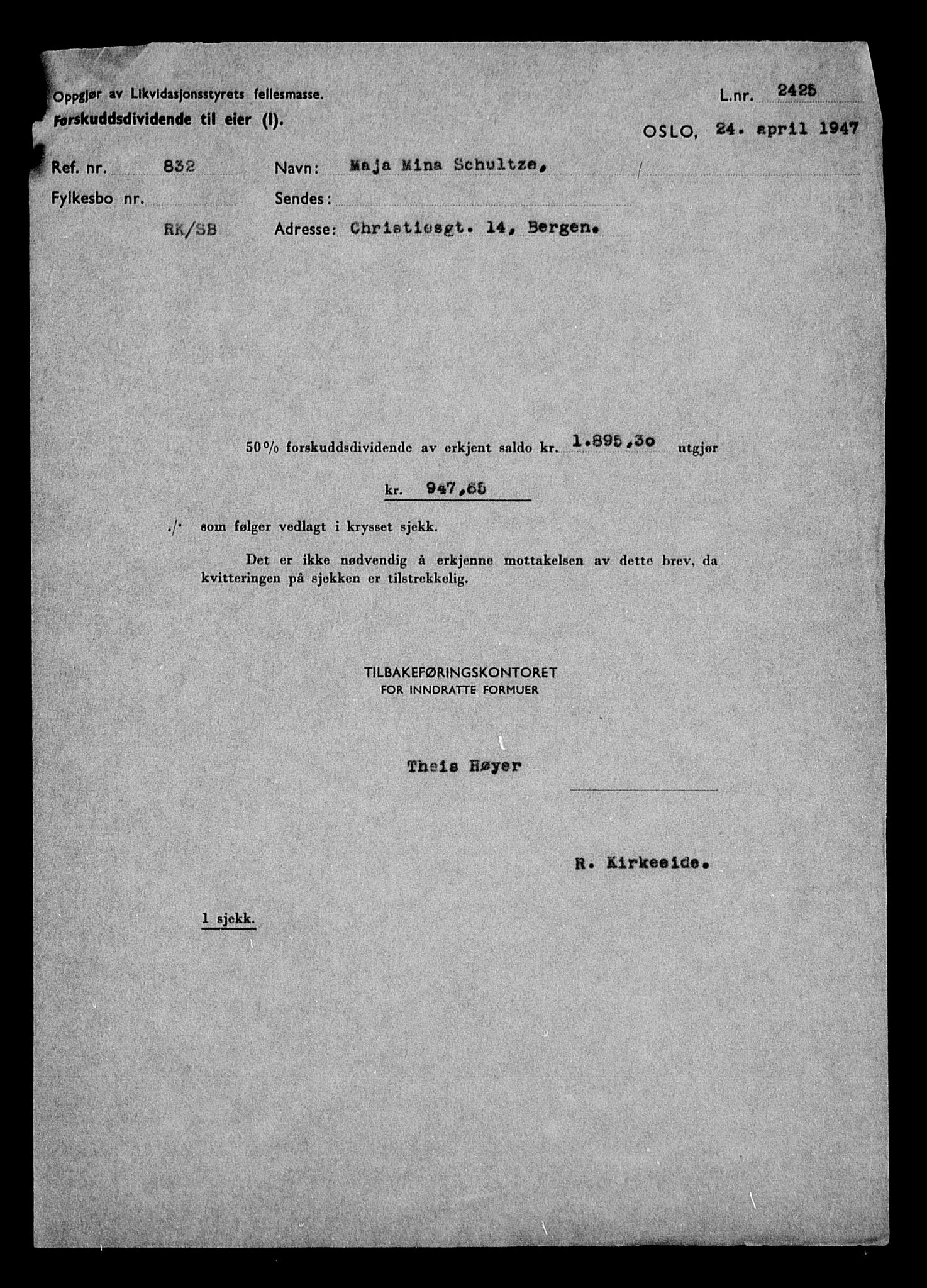 Justisdepartementet, Tilbakeføringskontoret for inndratte formuer, RA/S-1564/H/Hc/Hcd/L1006: --, 1945-1947, s. 25