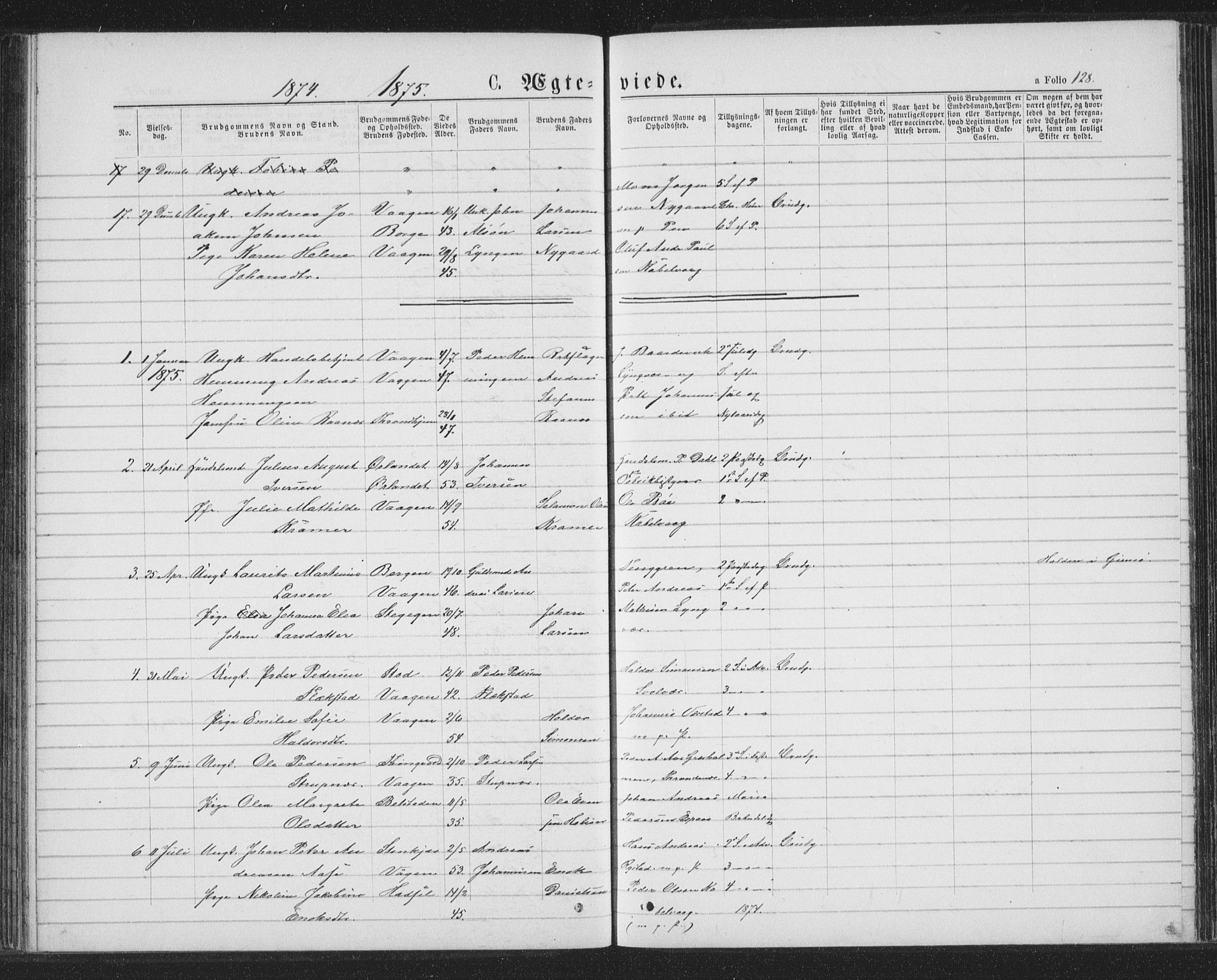 Ministerialprotokoller, klokkerbøker og fødselsregistre - Nordland, SAT/A-1459/874/L1074: Klokkerbok nr. 874C03, 1870-1876, s. 128