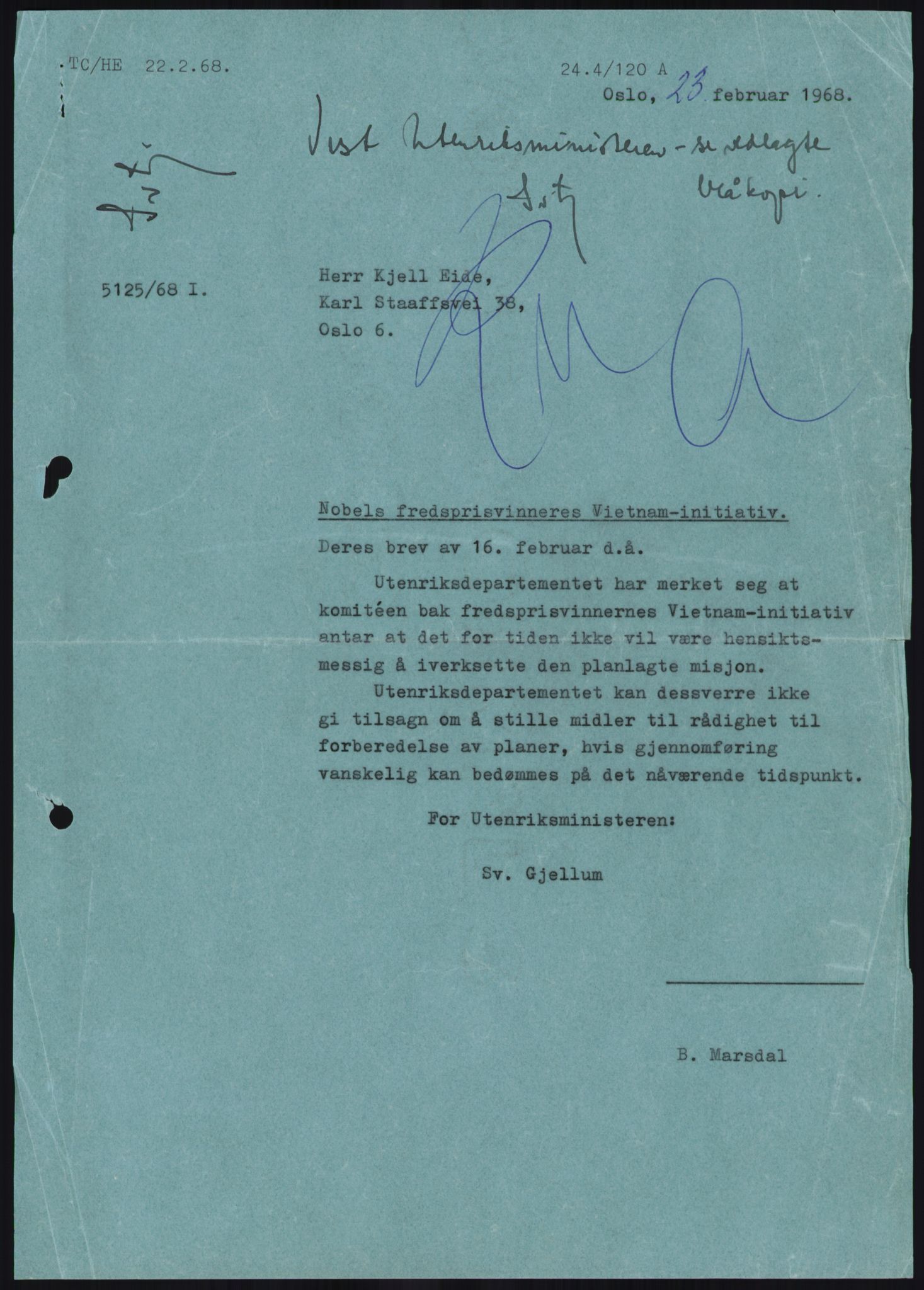 Utenriksdepartementet, hovedarkiv, AV/RA-S-6794/D/Da/Daa/L0969/0001: Verdenspolitikk. Fremmede staters politikk. Generelt / Sør-Vietnam: Nobelpristakeres fredsaksjoner (2 mapper), 1967-1969, s. 501