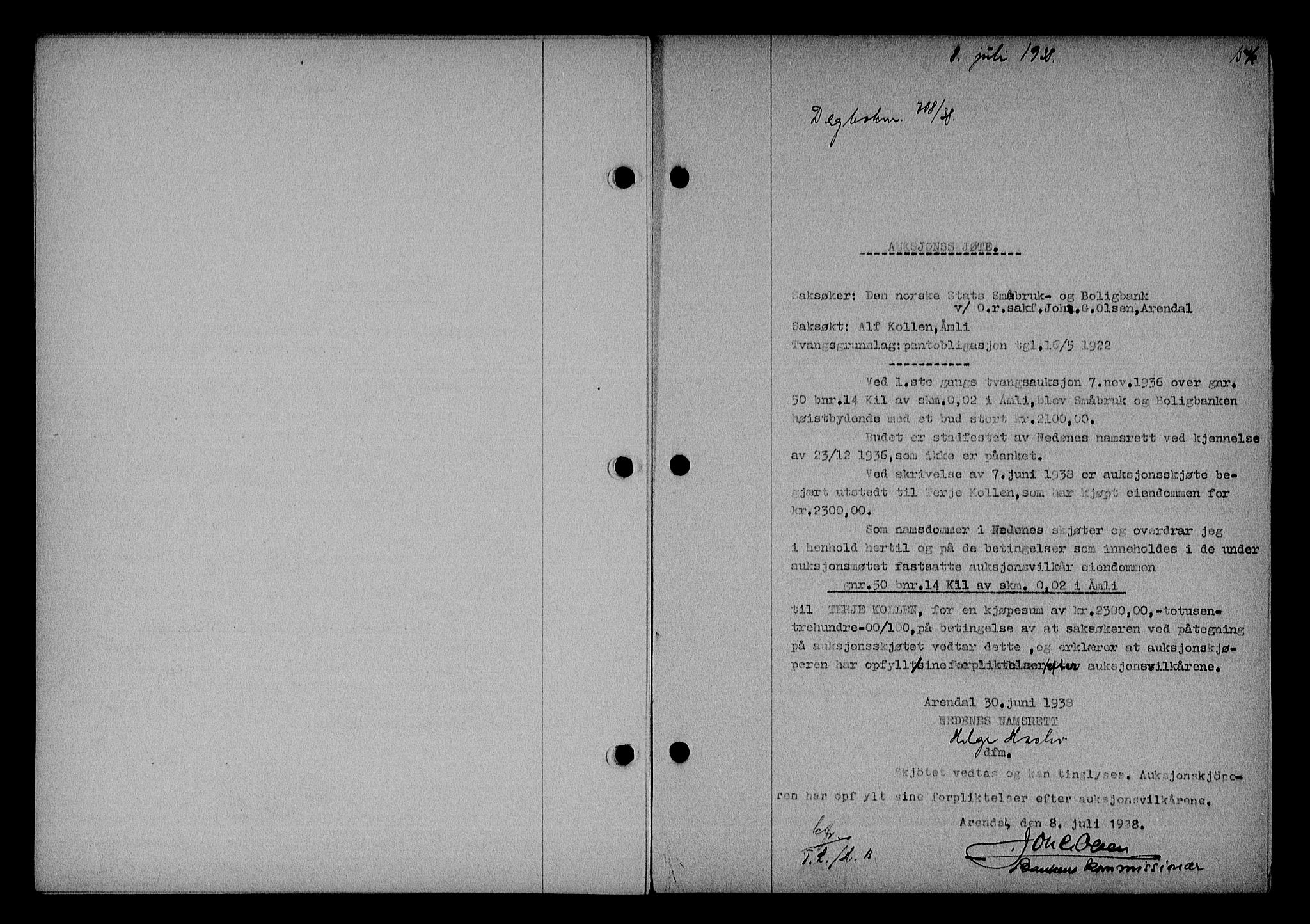 Nedenes sorenskriveri, SAK/1221-0006/G/Gb/Gba/L0045: Pantebok nr. 41, 1938-1938, Dagboknr: 708/1938