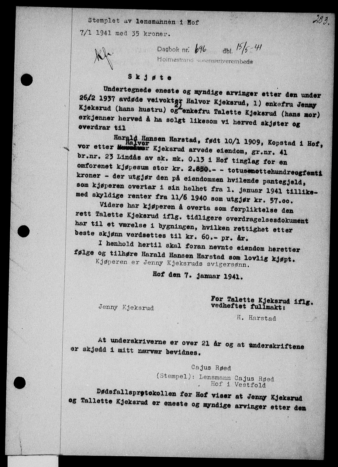 Holmestrand sorenskriveri, SAKO/A-67/G/Ga/Gaa/L0053: Pantebok nr. A-53, 1941-1941, Dagboknr: 696/1941