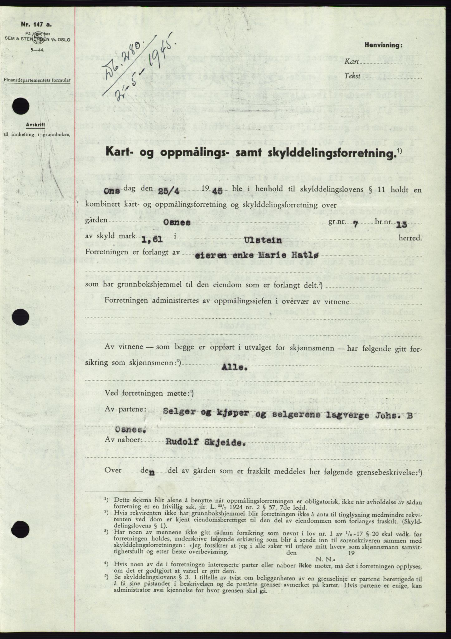 Søre Sunnmøre sorenskriveri, SAT/A-4122/1/2/2C/L0077: Pantebok nr. 3A, 1945-1946, Dagboknr: 280/1945
