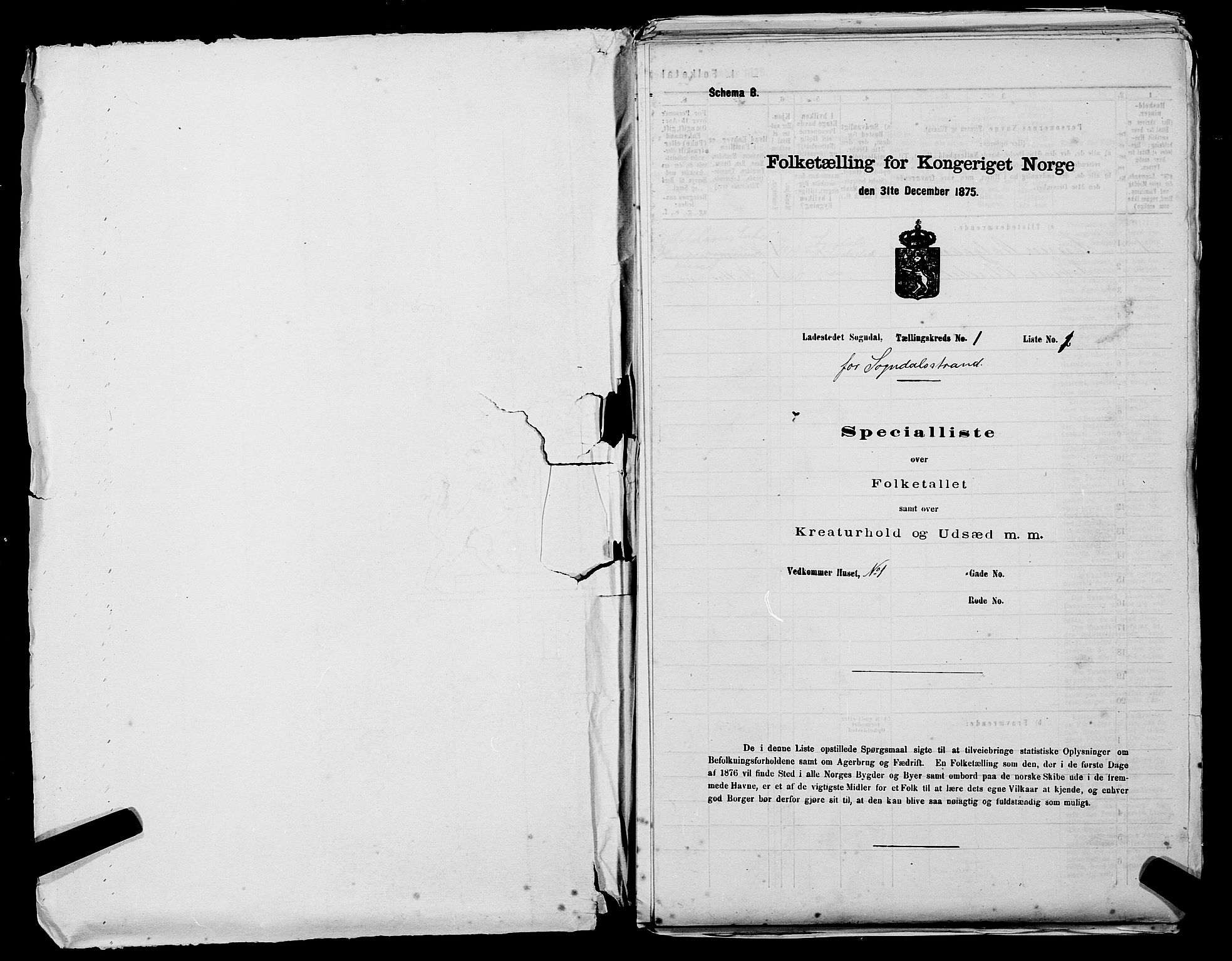 SAST, Folketelling 1875 for 1107B Sokndal prestegjeld, Sokndal ladested, 1875, s. 1