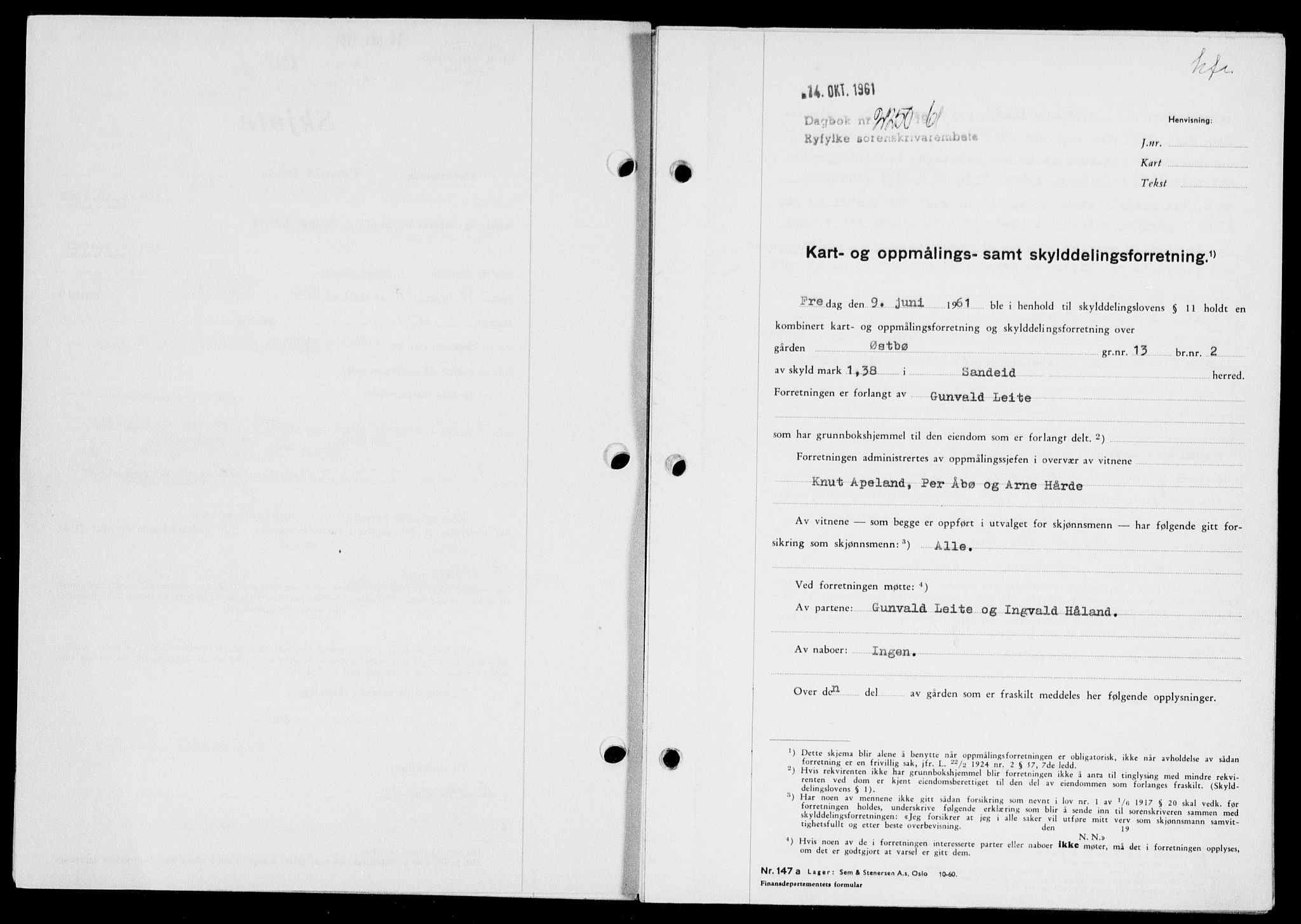 Ryfylke tingrett, SAST/A-100055/001/II/IIB: Pantebok nr. 135-142, 1961-1962, Dagboknr: 2250/1961