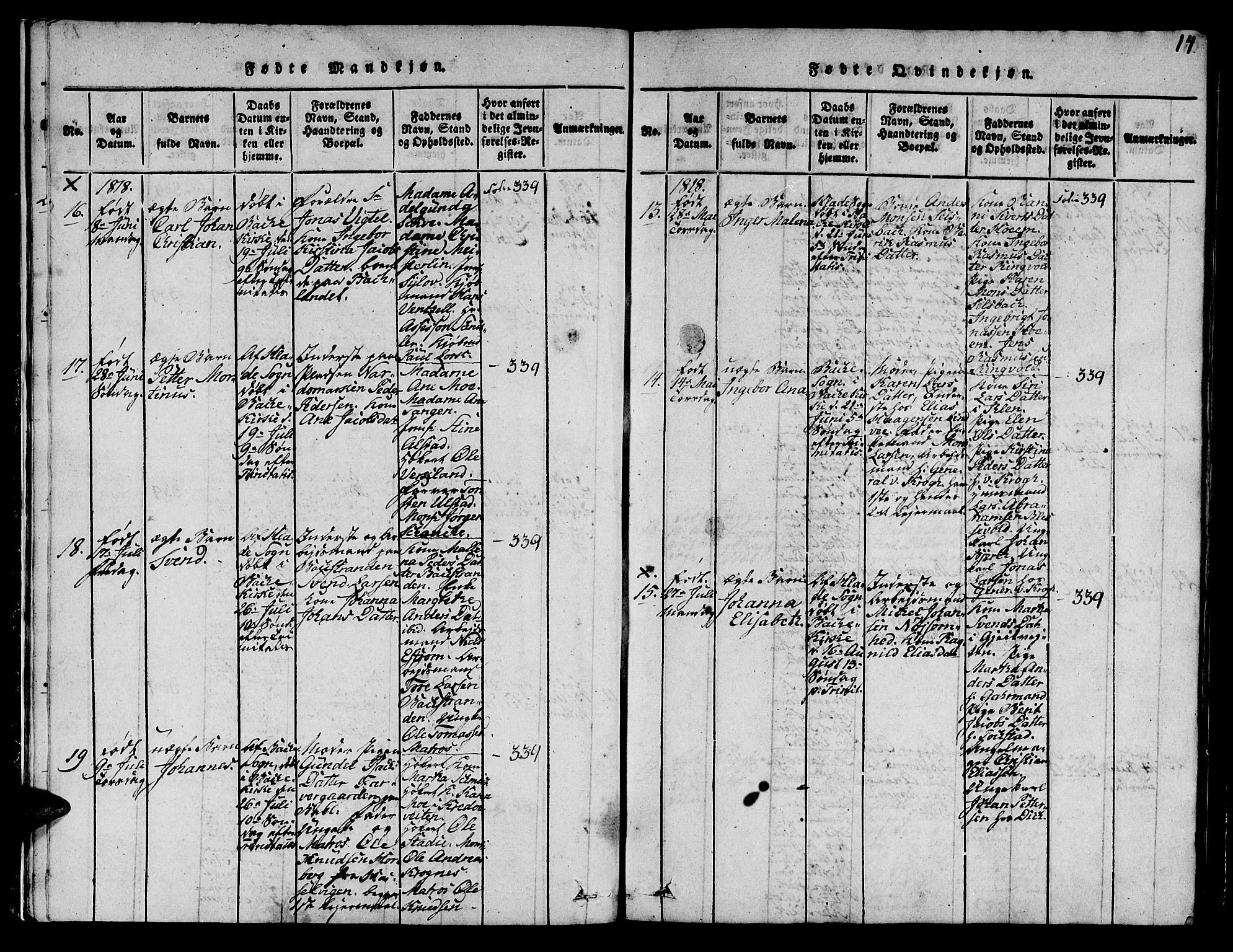 Ministerialprotokoller, klokkerbøker og fødselsregistre - Sør-Trøndelag, SAT/A-1456/606/L0307: Klokkerbok nr. 606C03, 1817-1824, s. 14