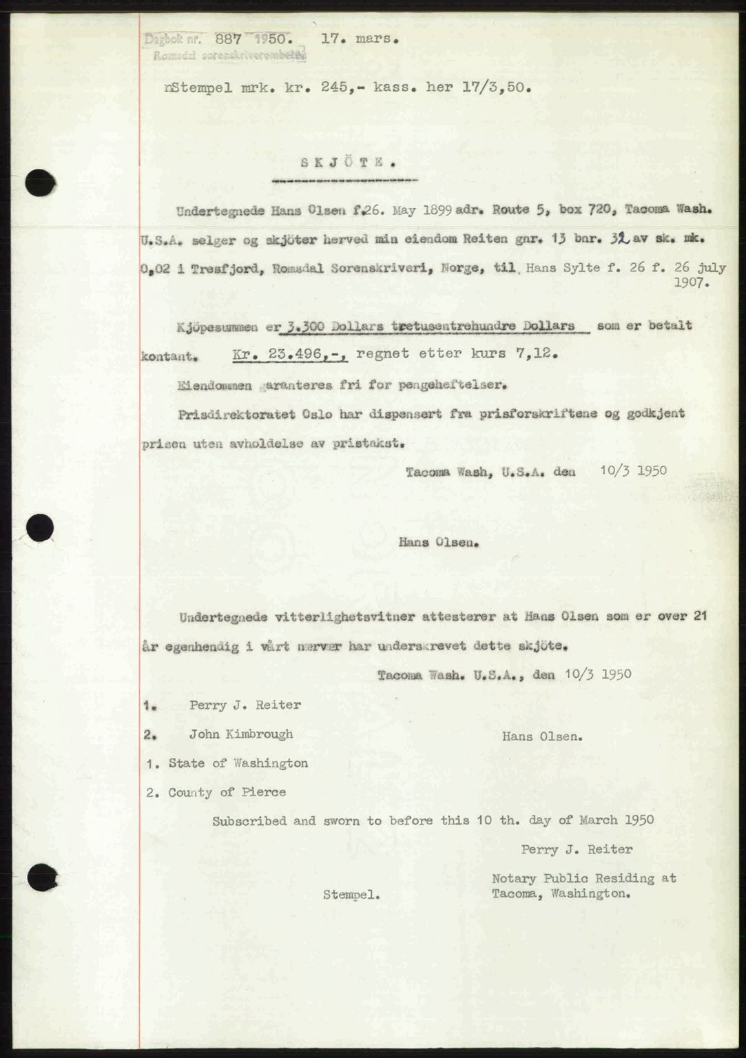 Romsdal sorenskriveri, SAT/A-4149/1/2/2C: Pantebok nr. A32, 1950-1950, Dagboknr: 887/1950