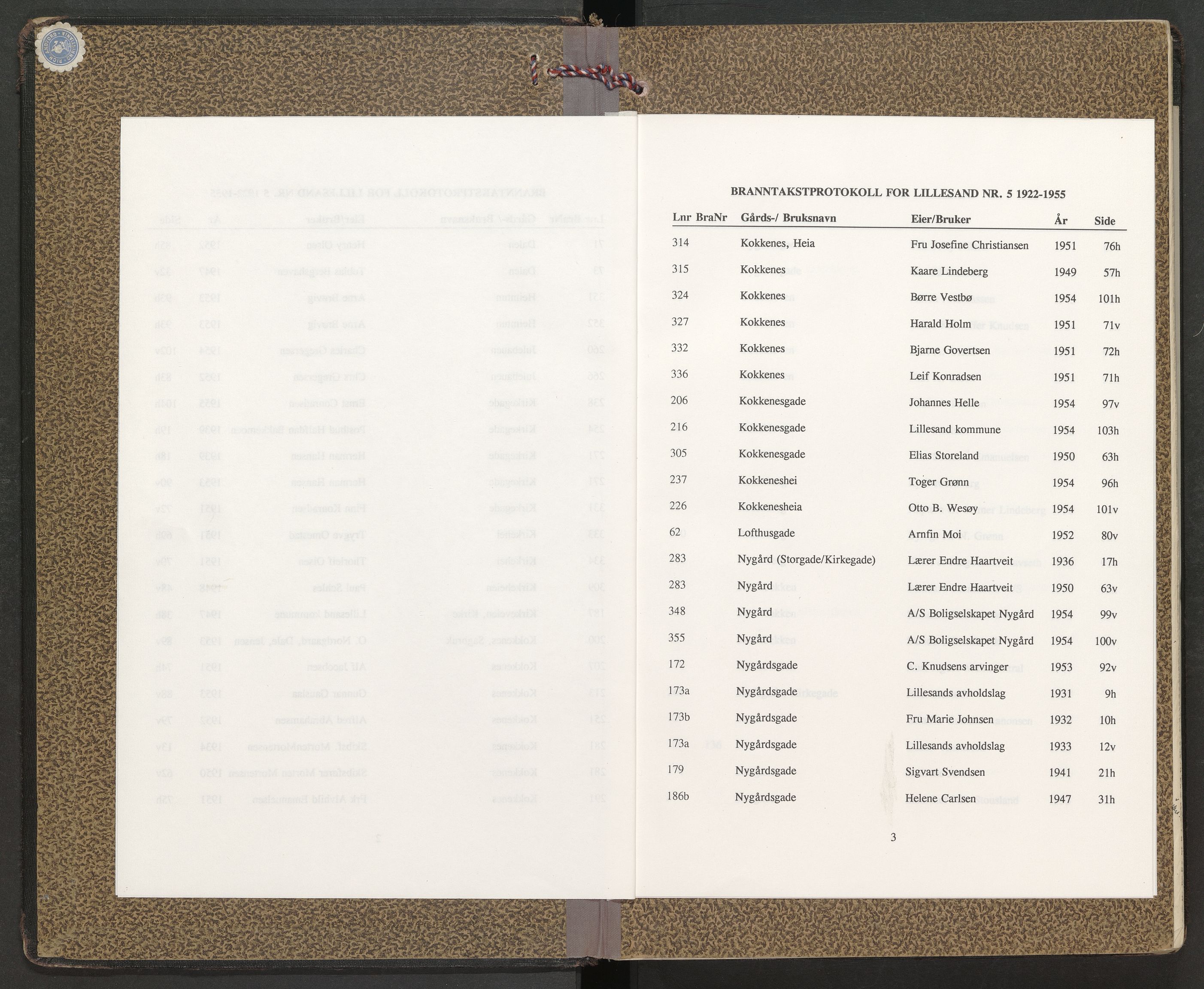 Norges Brannkasse Lillesand, AV/SAK-2241-0033/F/Fa/L0005: Branntakstprotokoll nr. 5 med gatenavnregister, 1922-1955