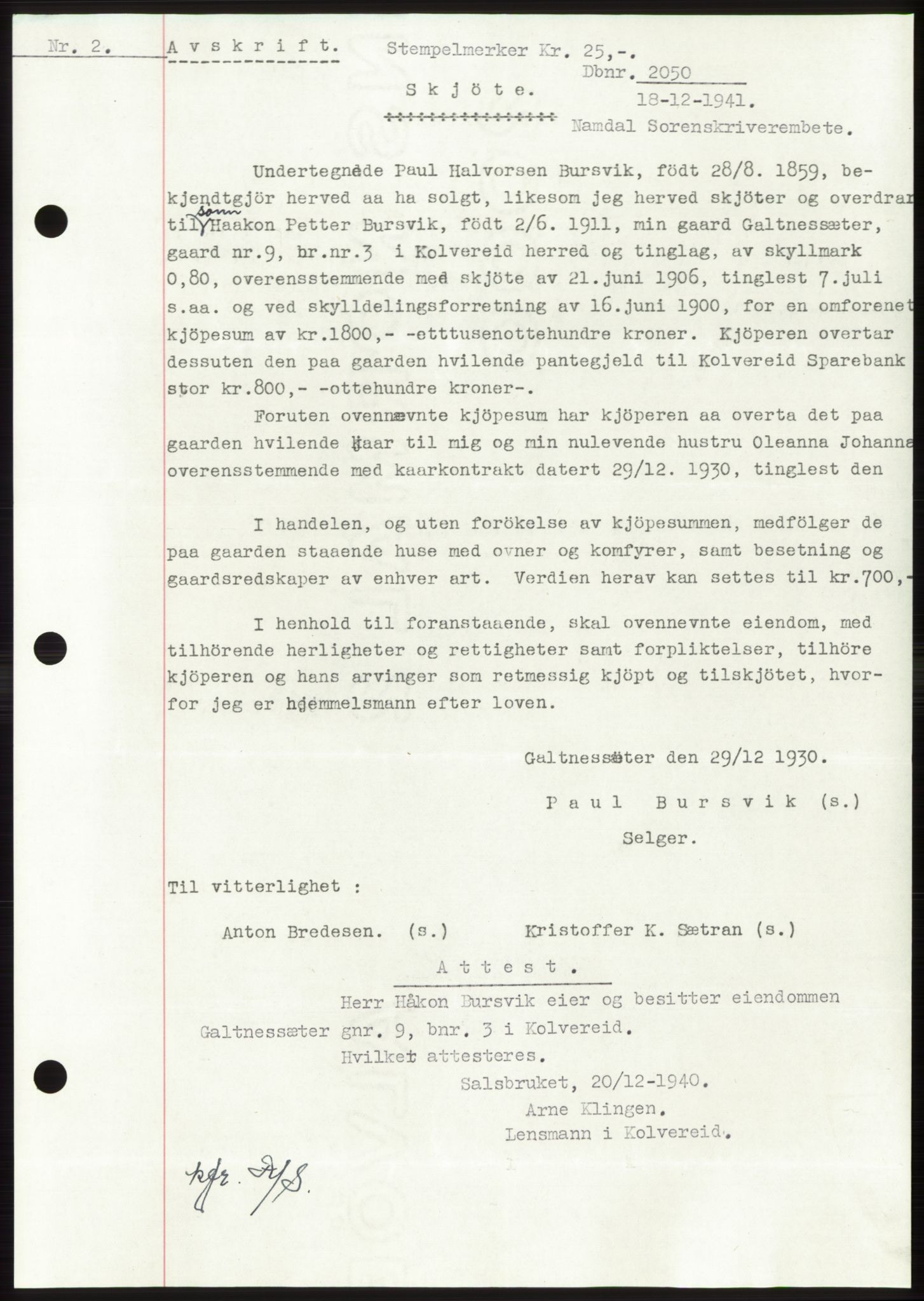 Namdal sorenskriveri, SAT/A-4133/1/2/2C: Pantebok nr. -, 1941-1942, Dagboknr: 2050/1941