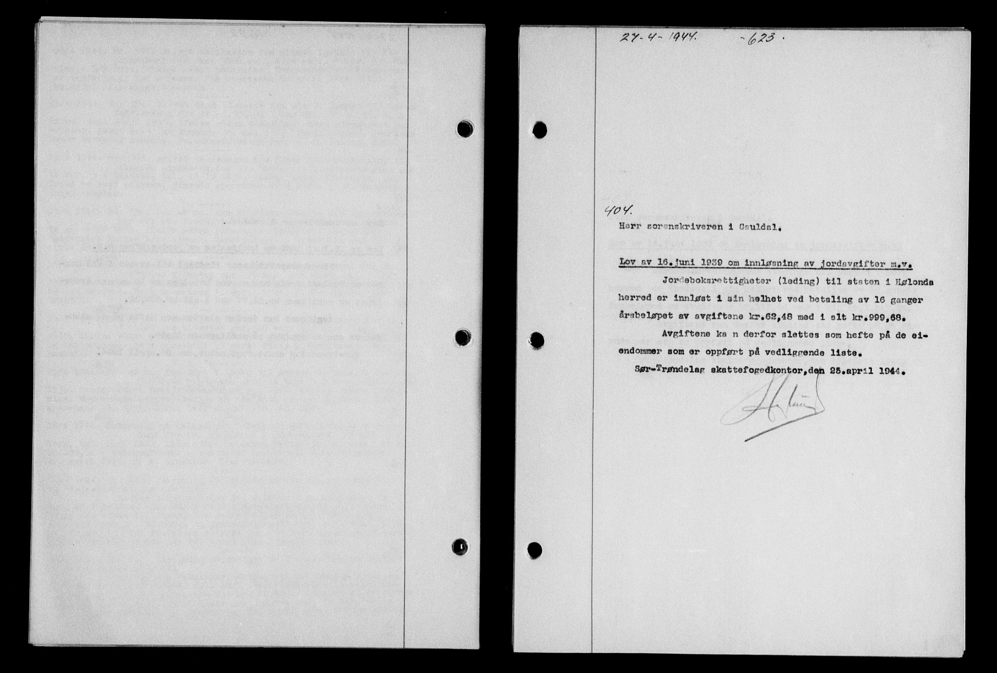 Gauldal sorenskriveri, SAT/A-0014/1/2/2C/L0057: Pantebok nr. 62, 1943-1944, Dagboknr: 404/1944