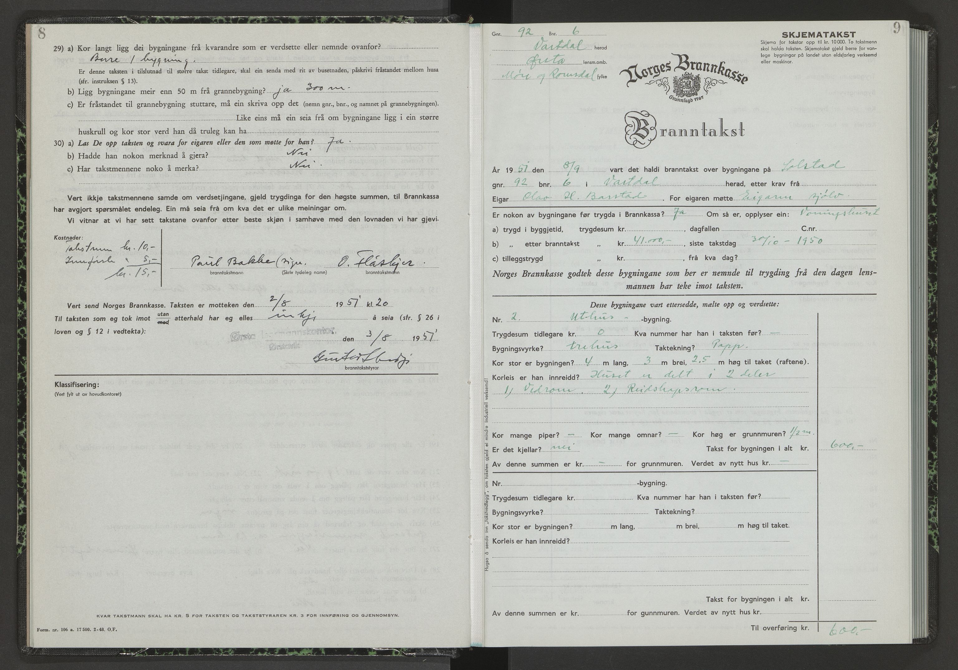 Norges Brannkasse Ørsta, AV/SAT-A-5489/F/Fb/L0003: Branntakstprotokoll, 1951-1955