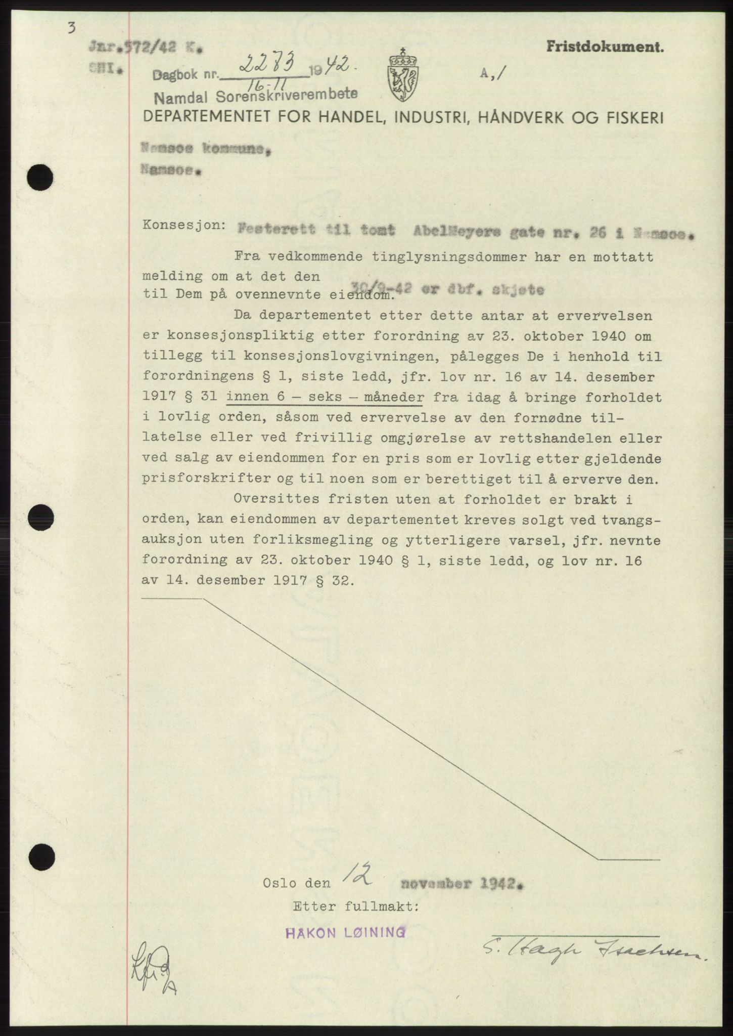 Namdal sorenskriveri, SAT/A-4133/1/2/2C: Pantebok nr. -, 1942-1943, Dagboknr: 2273/1942