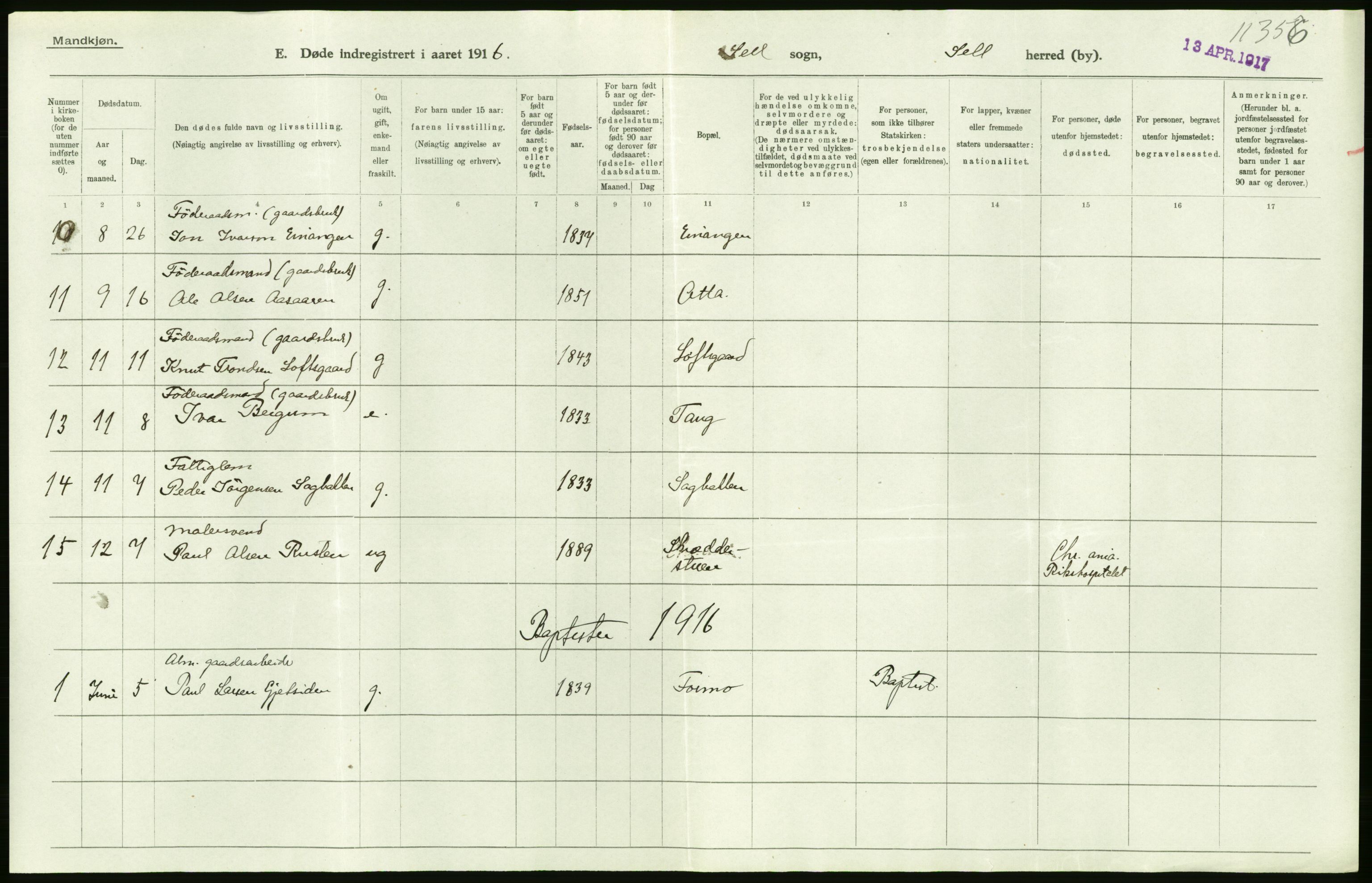 Statistisk sentralbyrå, Sosiodemografiske emner, Befolkning, AV/RA-S-2228/D/Df/Dfb/Dfbf/L0016: Kristians amt: Døde. Bygder og byer., 1916, s. 36