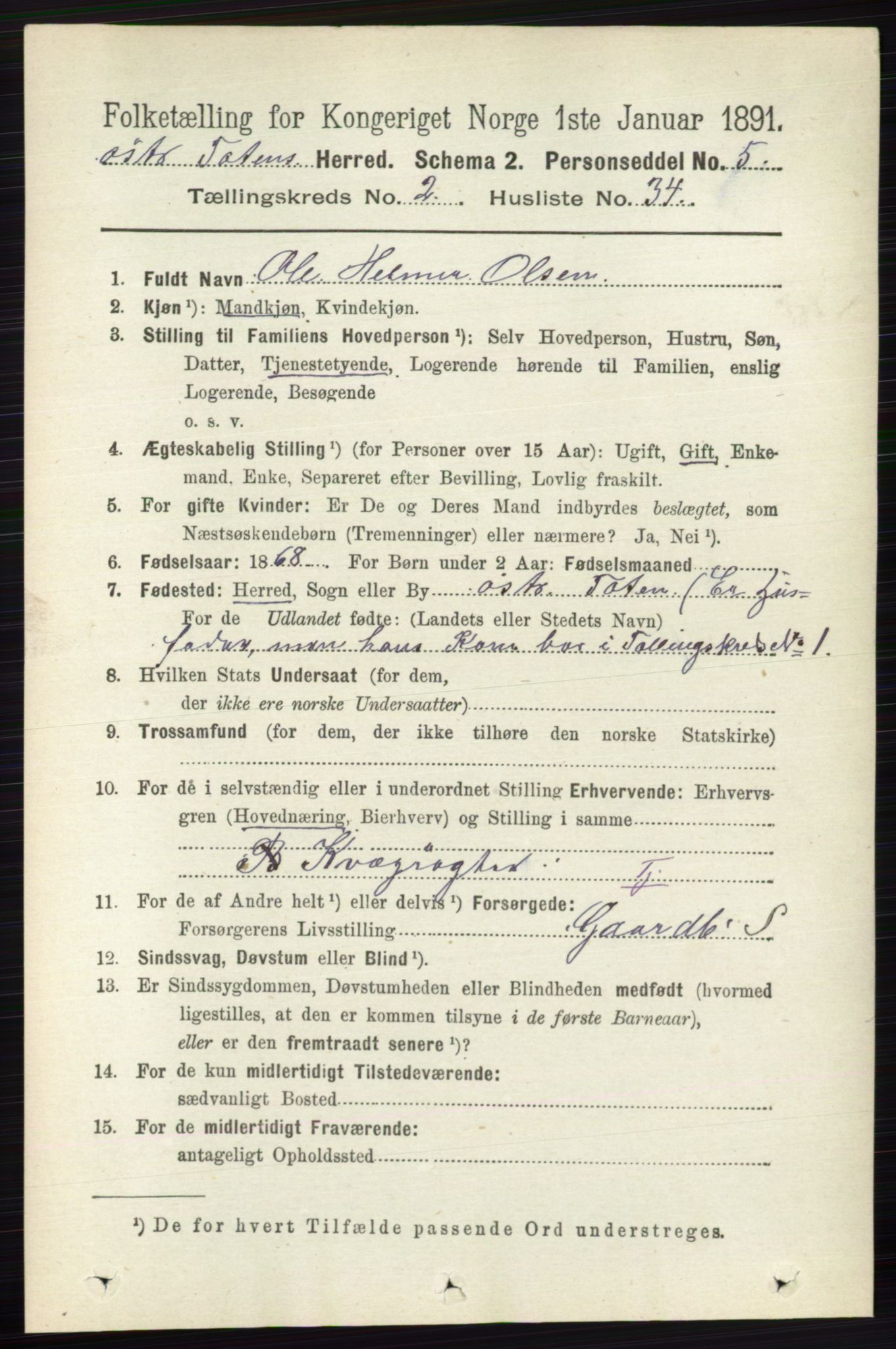 RA, Folketelling 1891 for 0528 Østre Toten herred, 1891, s. 978