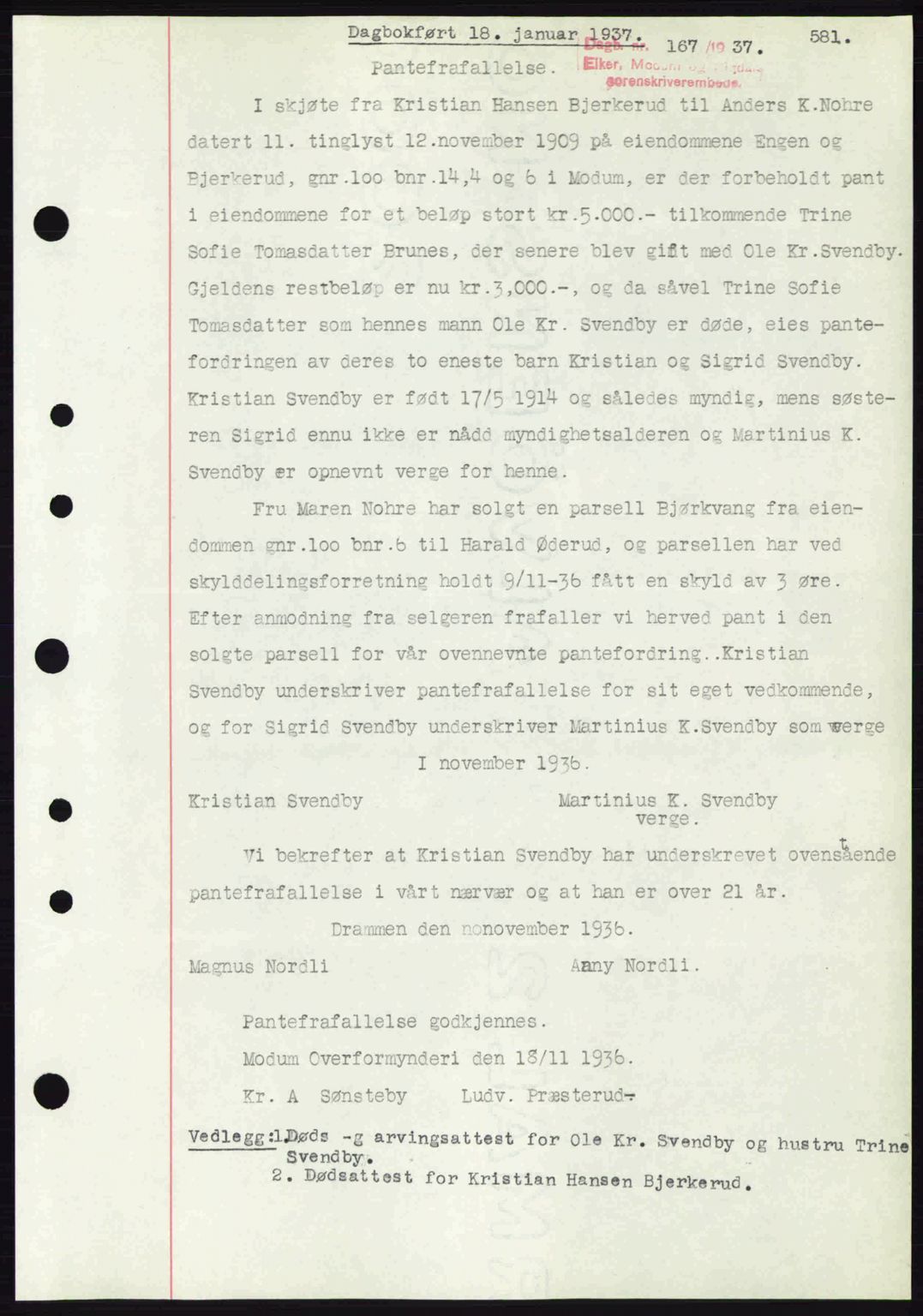 Eiker, Modum og Sigdal sorenskriveri, SAKO/A-123/G/Ga/Gab/L0034: Pantebok nr. A4, 1936-1937, Dagboknr: 167/1937