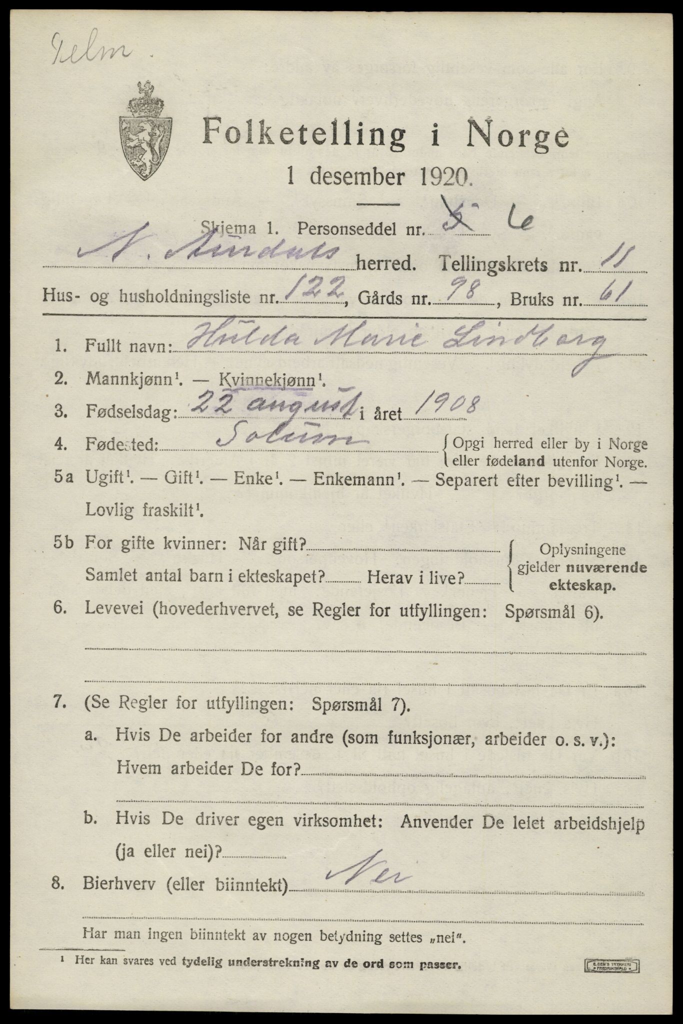 SAH, Folketelling 1920 for 0542 Nord-Aurdal herred, 1920, s. 9876