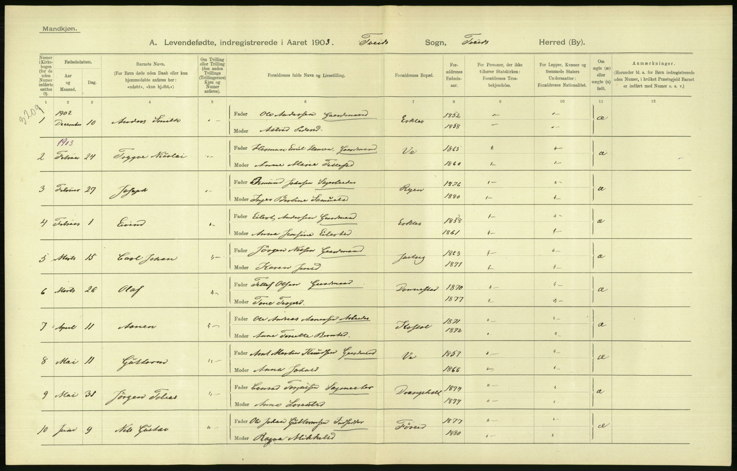 Statistisk sentralbyrå, Sosiodemografiske emner, Befolkning, AV/RA-S-2228/D/Df/Dfa/Dfaa/L0011: Lister og Mandal amt: Fødte, gifte, døde, 1903, s. 6