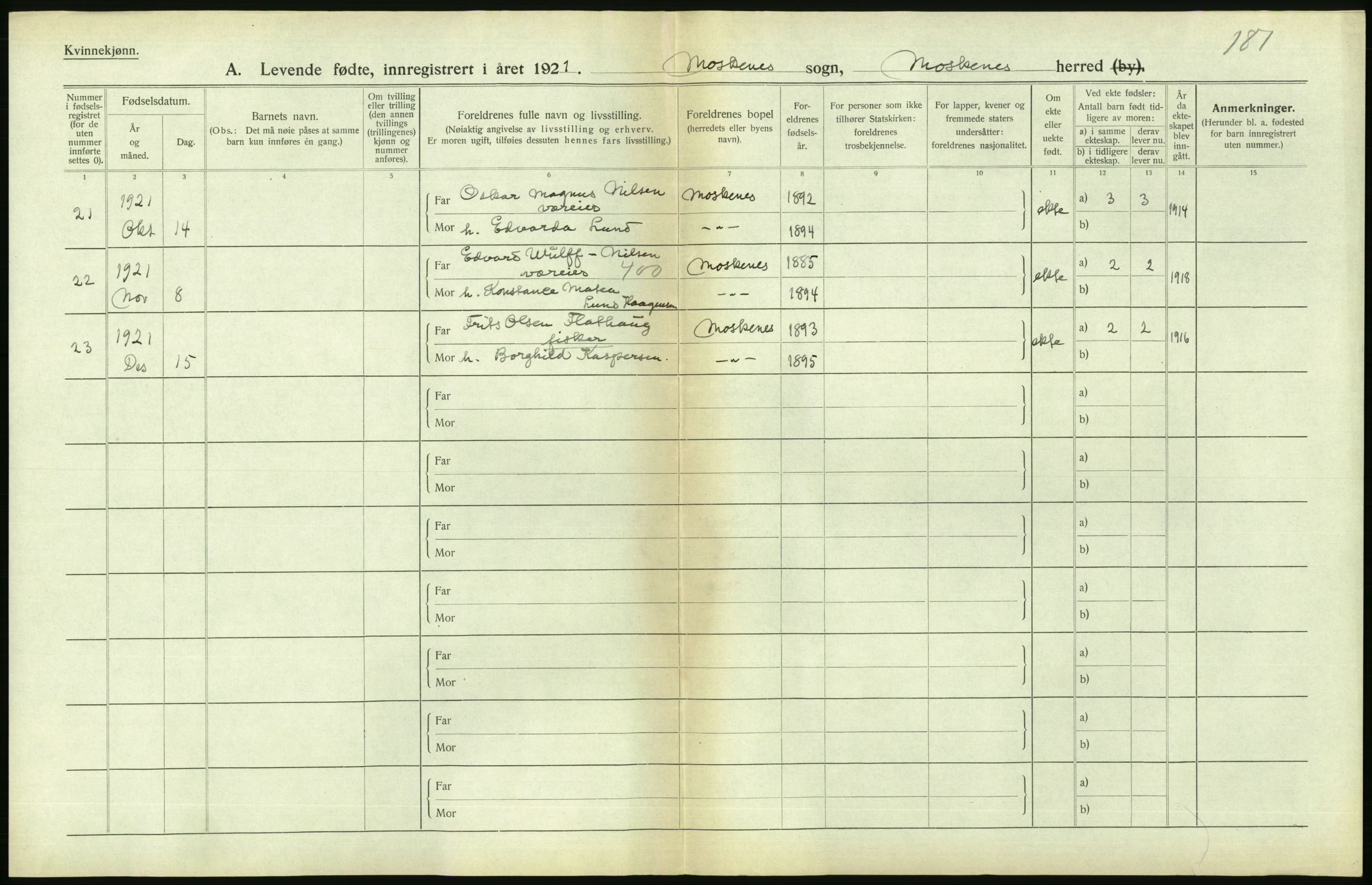 Statistisk sentralbyrå, Sosiodemografiske emner, Befolkning, RA/S-2228/D/Df/Dfc/Dfca/L0049: Nordland fylke: Levendefødte menn og kvinner. Bygder., 1921, s. 362