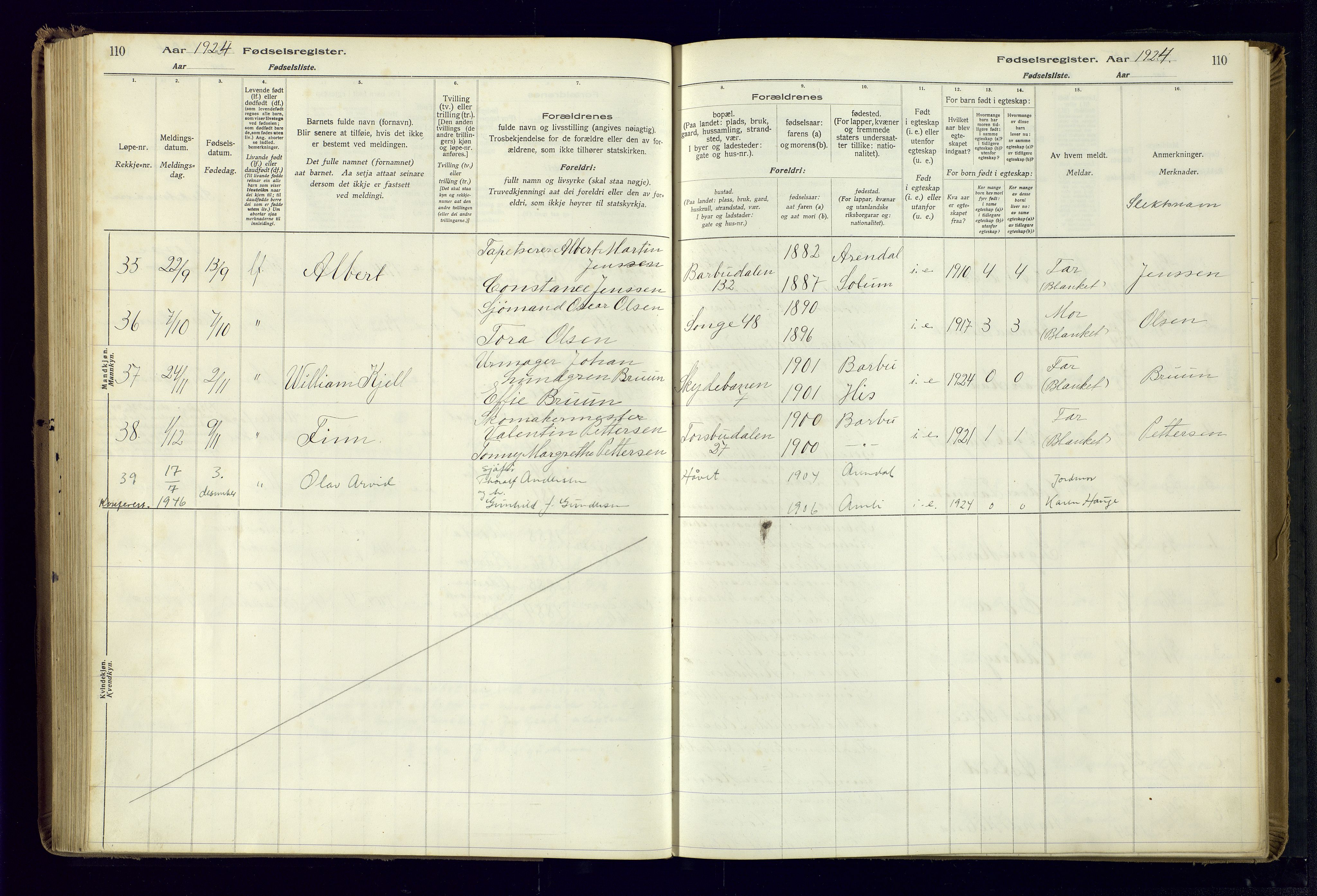 Barbu sokneprestkontor, AV/SAK-1111-0003/J/Ja/L0001: Fødselsregister nr. A-VIII-1, 1916-1937, s. 110