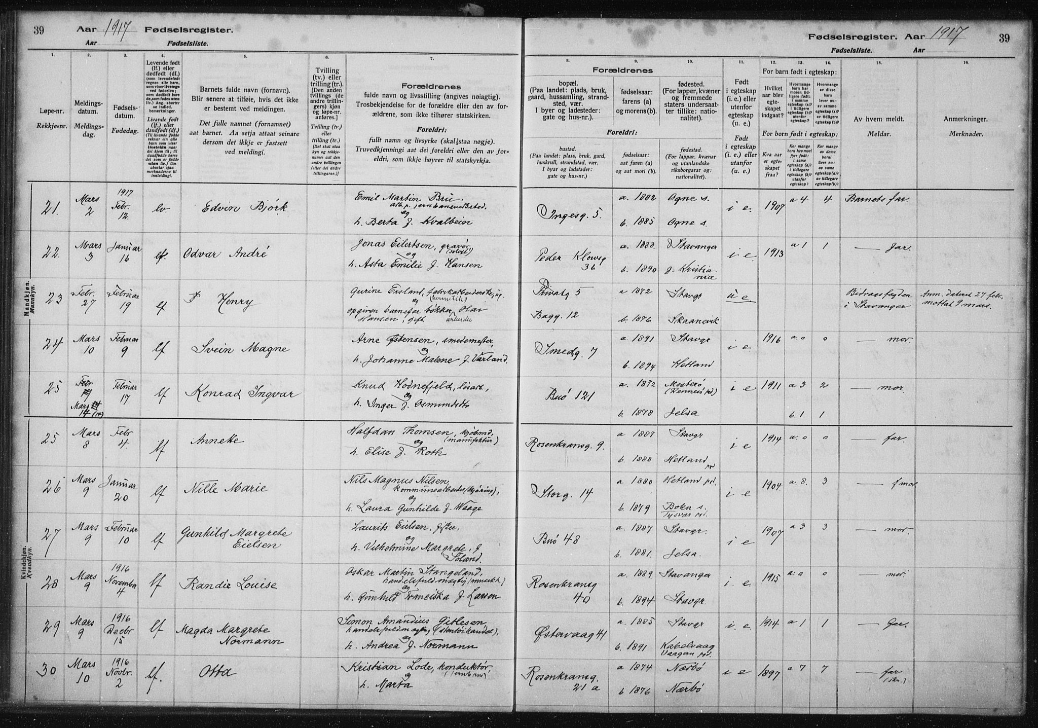 St. Petri sokneprestkontor, AV/SAST-A-101813/002/A/L0001: Fødselsregister nr. 1, 1916-1922, s. 39