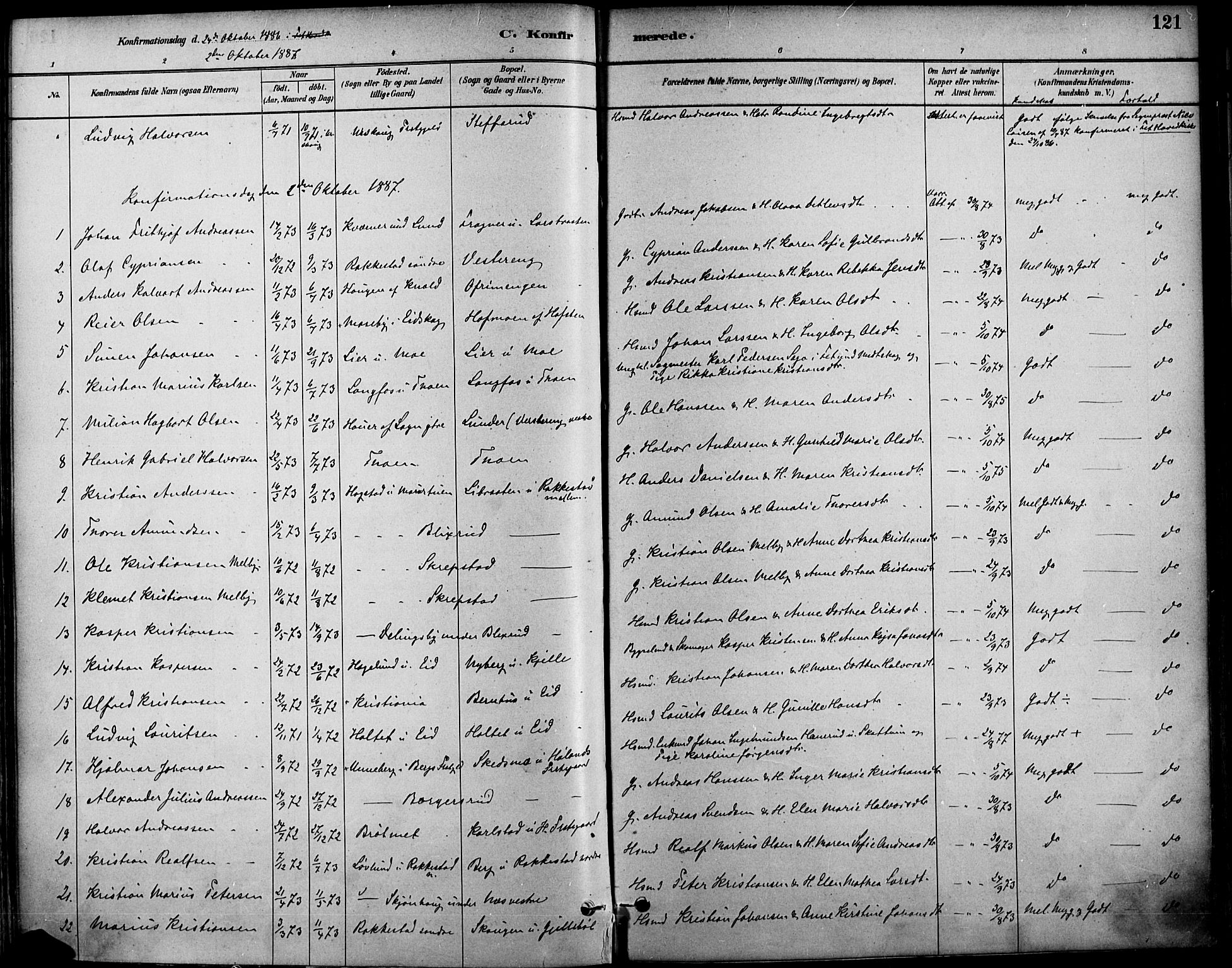 Høland prestekontor Kirkebøker, SAO/A-10346a/F/Fa/L0013: Ministerialbok nr. I 13, 1880-1897, s. 121