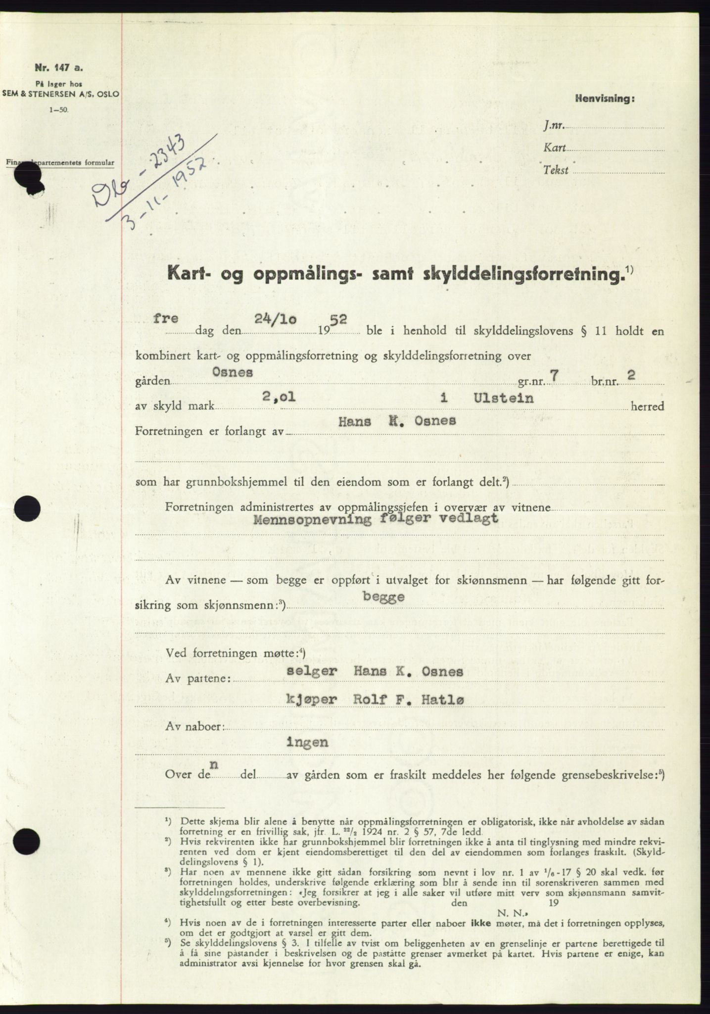 Søre Sunnmøre sorenskriveri, SAT/A-4122/1/2/2C/L0093: Pantebok nr. 19A, 1952-1953, Dagboknr: 2343/1952