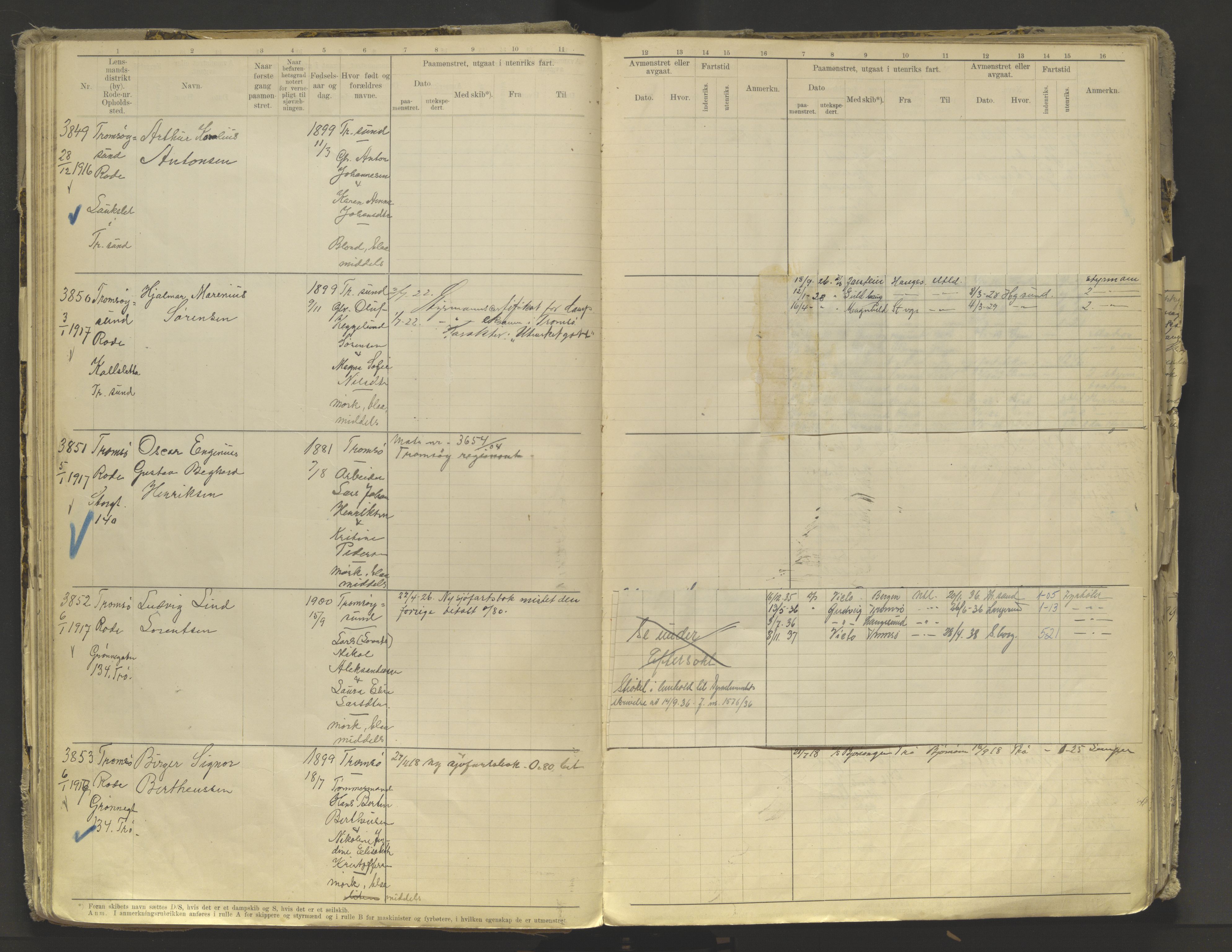 Tromsø sjømannskontor/innrullerings-/mønstringsdistrikt, AV/SATØ-S-0243/F/Fb/L0010: Annotasjonsrulle. Defekt: løs innbinding. Nr. 3519-4972, 1916-1920