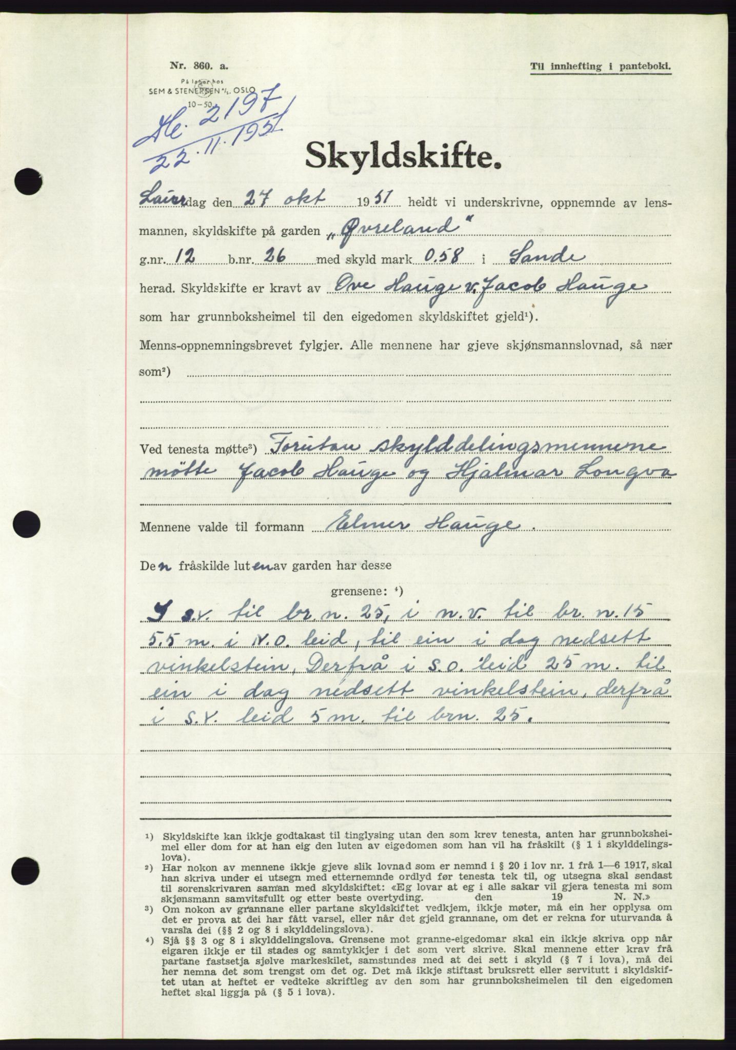 Søre Sunnmøre sorenskriveri, AV/SAT-A-4122/1/2/2C/L0090: Pantebok nr. 16A, 1951-1951, Dagboknr: 2197/1951