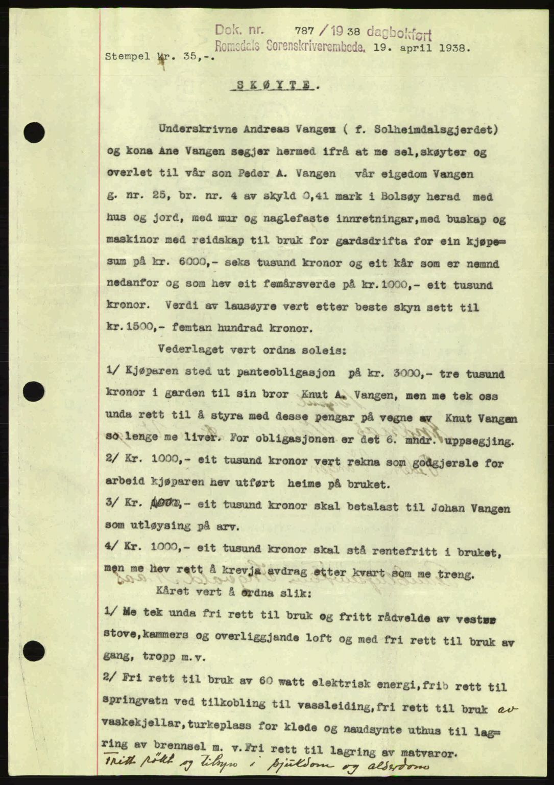 Romsdal sorenskriveri, SAT/A-4149/1/2/2C: Pantebok nr. A5, 1938-1938, Dagboknr: 787/1938