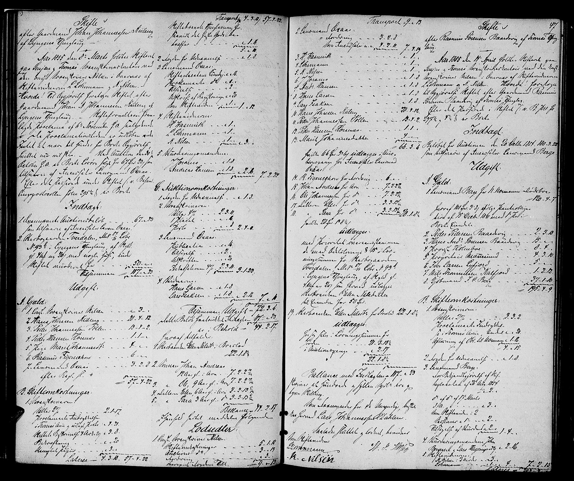 Tromsø sorenskriveri 1855-, SATØ/S-0050/H/Hg/L0313: Skifteutlodningsprotokoller - med registre, 1853-1866, s. 46b-47a