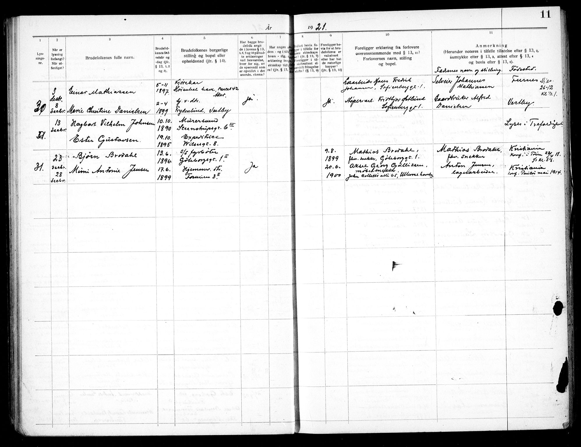 Hauge prestekontor Kirkebøker, SAO/A-10849/H/Ha/L0002: Lysningsprotokoll nr. 2, 1919-1937, s. 11
