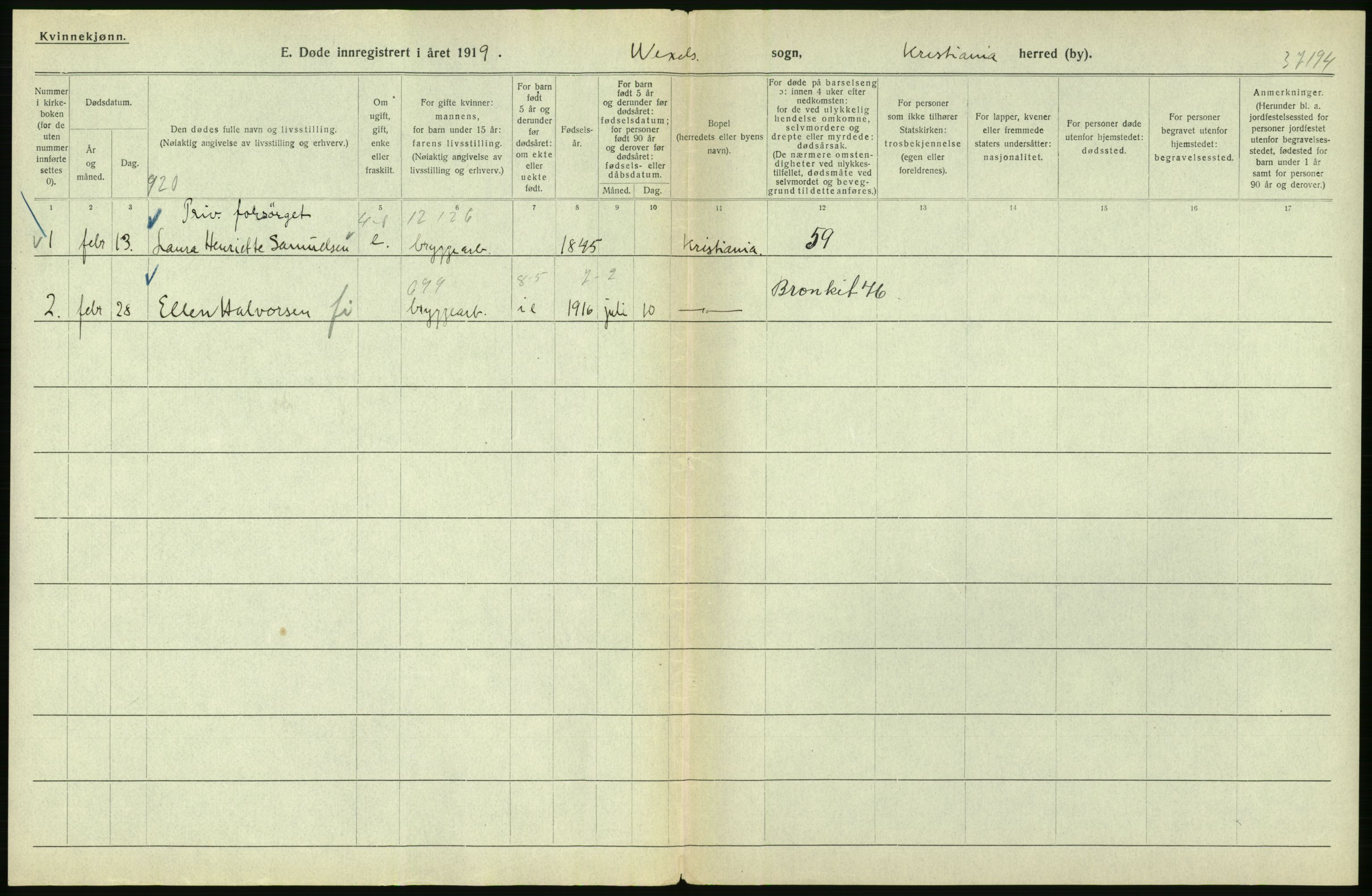 Statistisk sentralbyrå, Sosiodemografiske emner, Befolkning, AV/RA-S-2228/D/Df/Dfb/Dfbi/L0010: Kristiania: Døde, 1919, s. 64